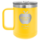 Personalized yellow 15 oz vacuum insulated coffee mug with 'Worlds Best Teacher' design