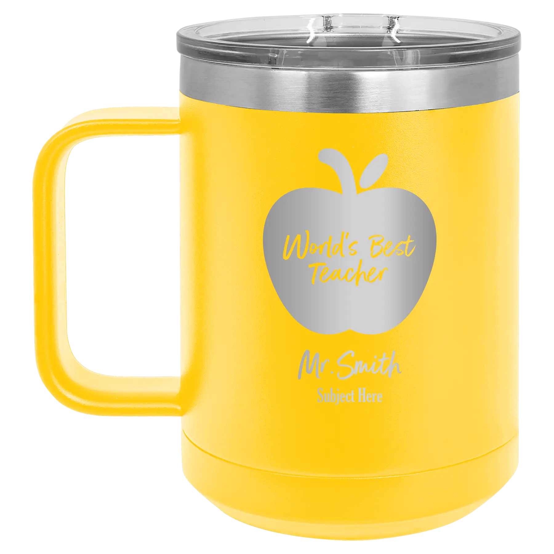 Personalized yellow 15 oz vacuum insulated coffee mug with 'Worlds Best Teacher' design