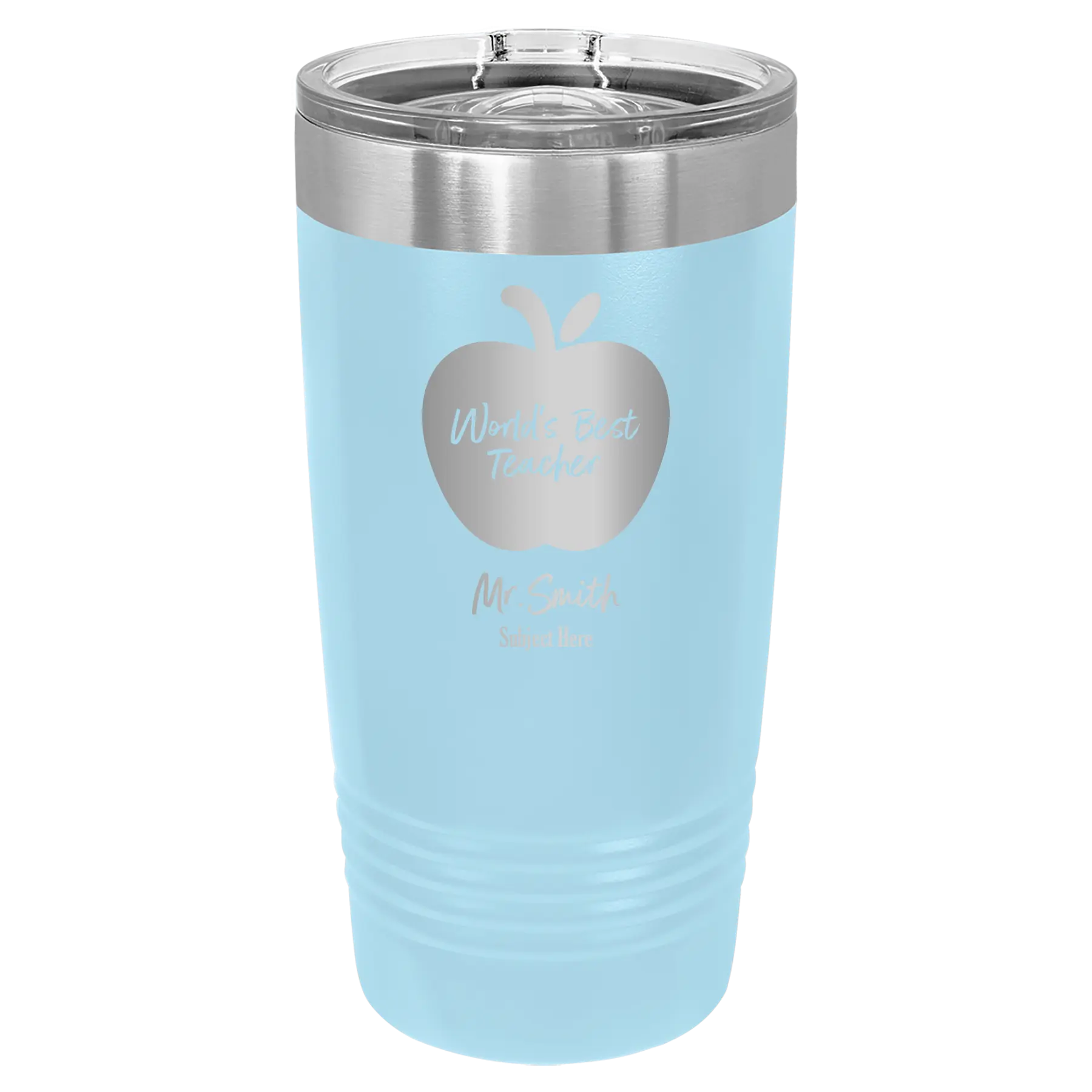 Personalized light blue 20 oz vacuum insulated tumbler with 'Worlds Best Teacher' design