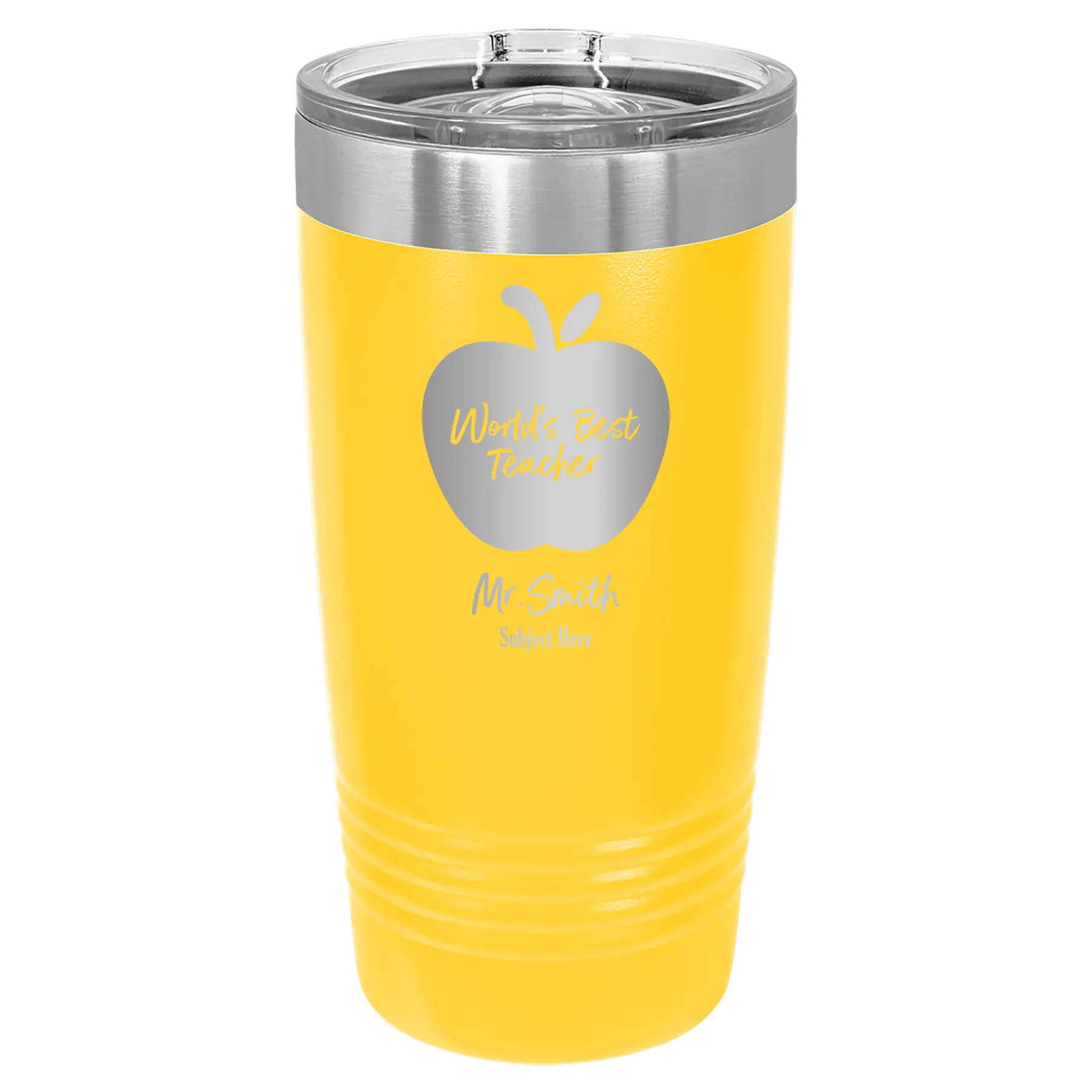 Personalized yellow 20 oz vacuum insulated tumbler with 'Worlds Best Teacher' design