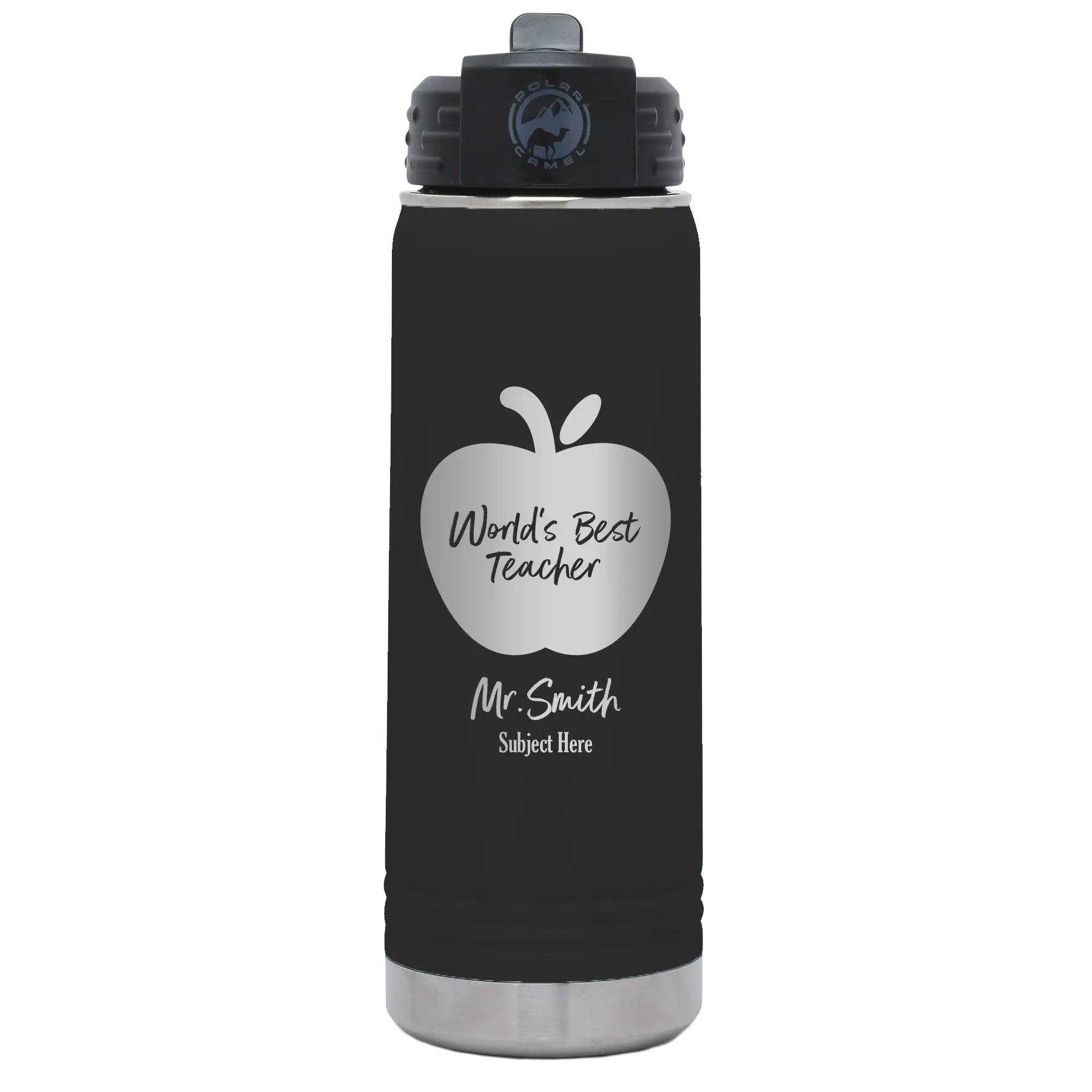 Personalized black 20 oz vacuum insulated water bottle with 'Worlds Best Teacher' design