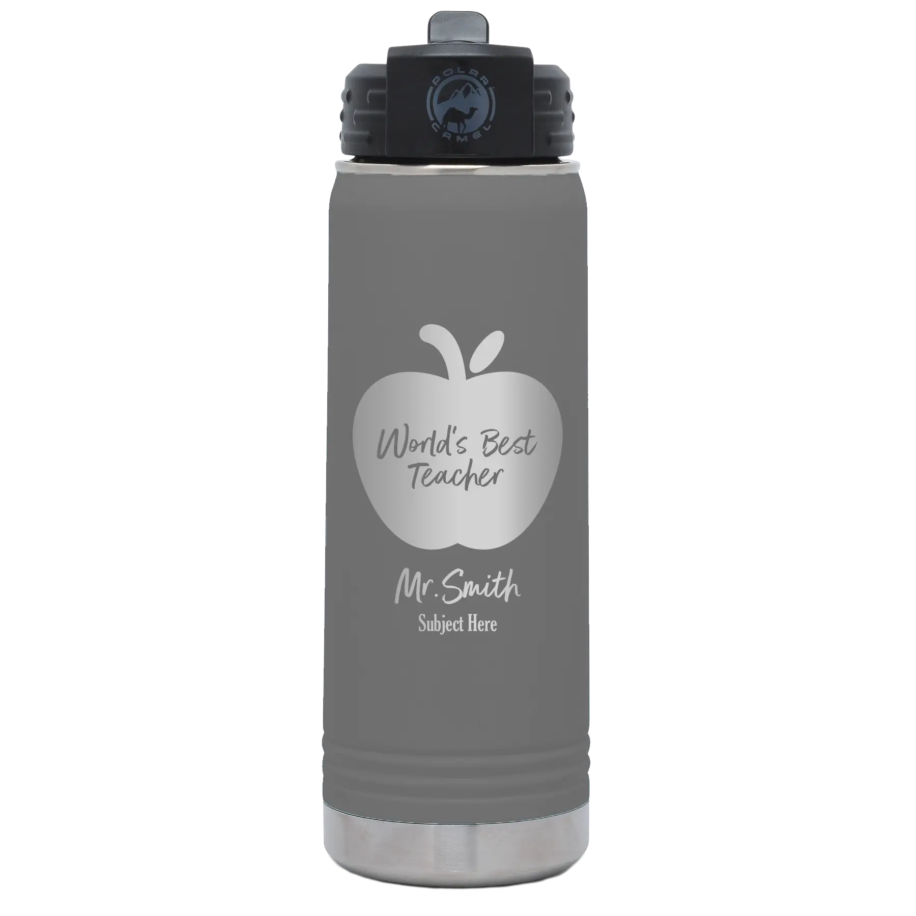 Personalized dark gray 20 oz vacuum insulated water bottle with 'Worlds Best Teacher' design