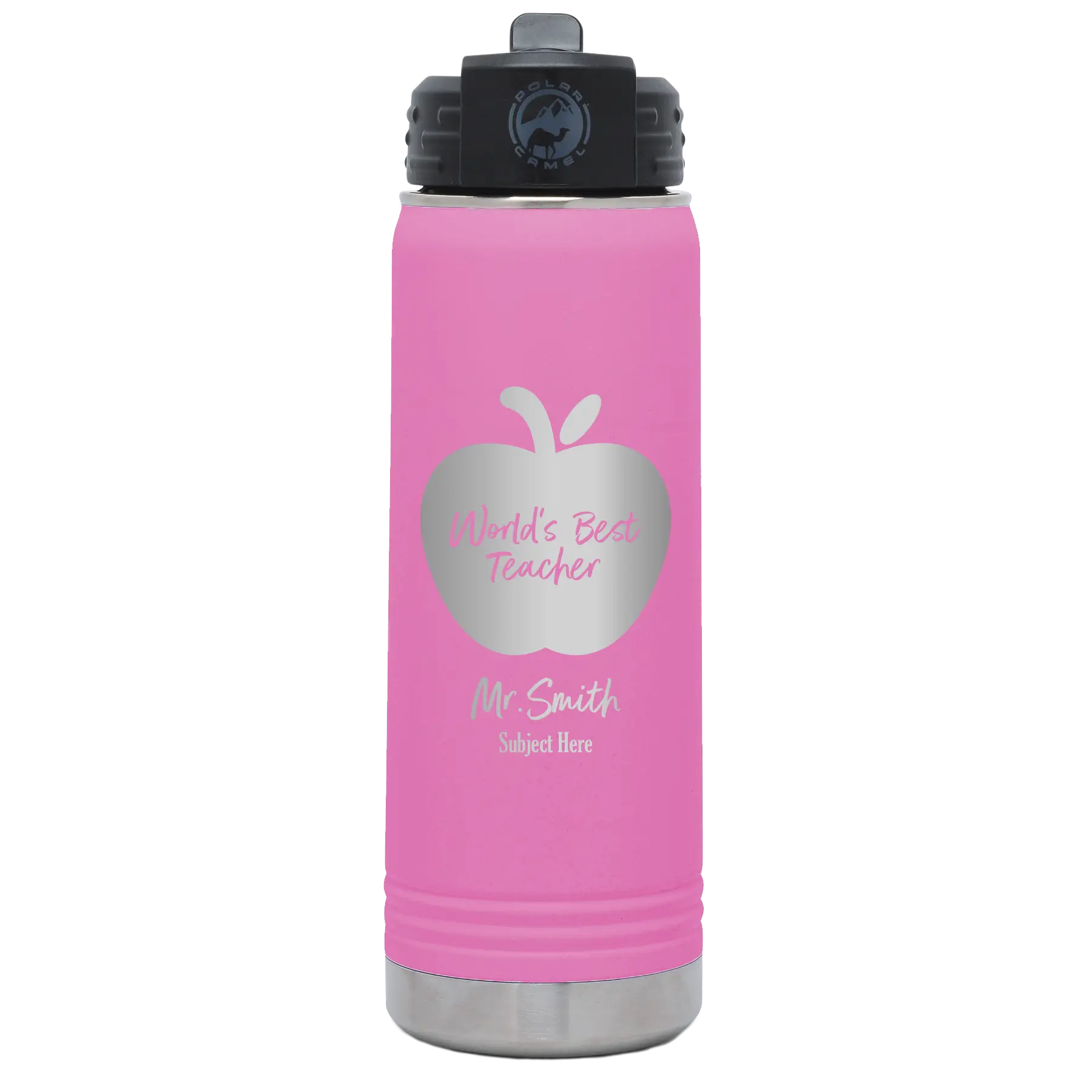 Personalized light purple 20 oz vacuum insulated water bottle with 'Worlds Best Teacher' design