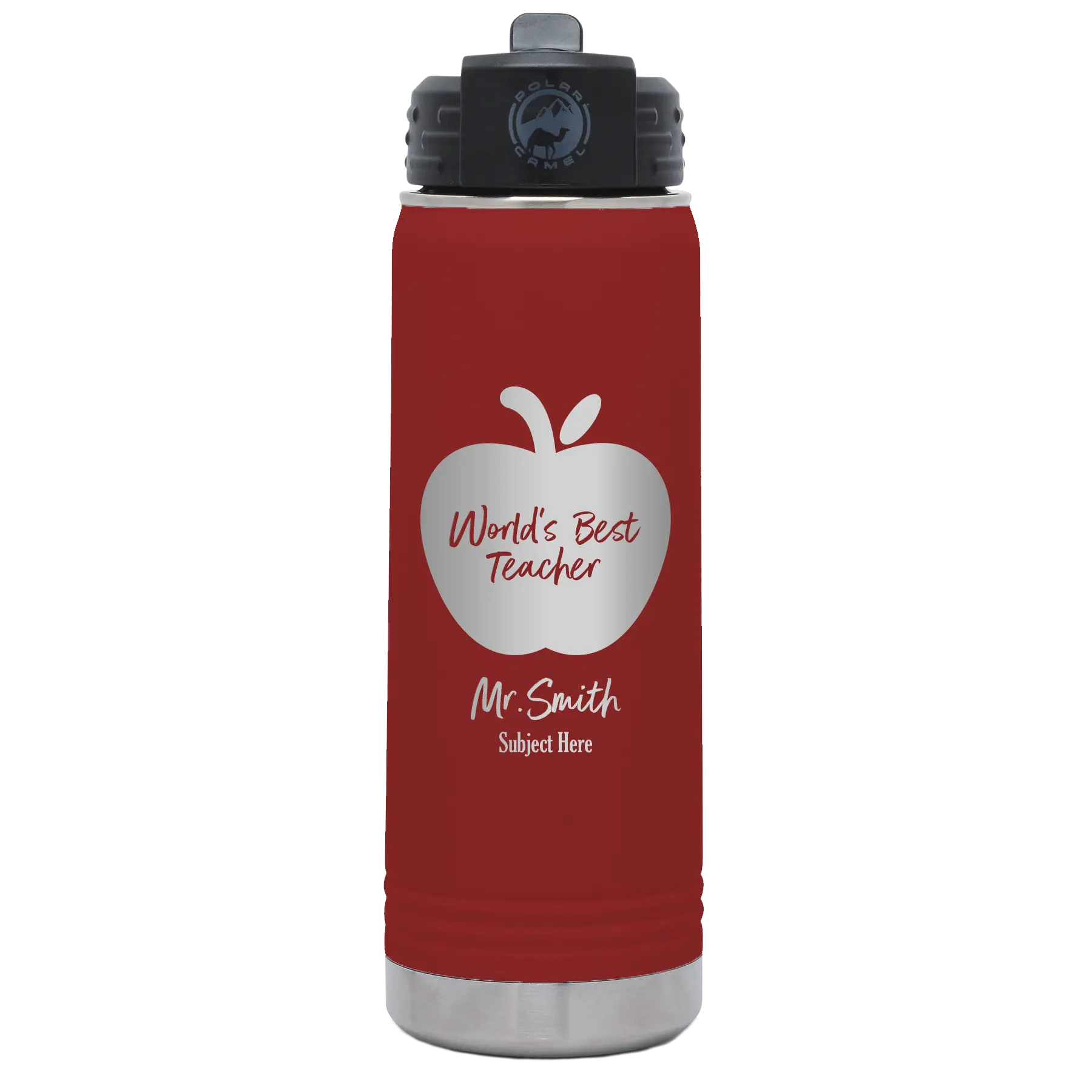 Personalized maroon 20 oz vacuum insulated water bottle with 'Worlds Best Teacher' design