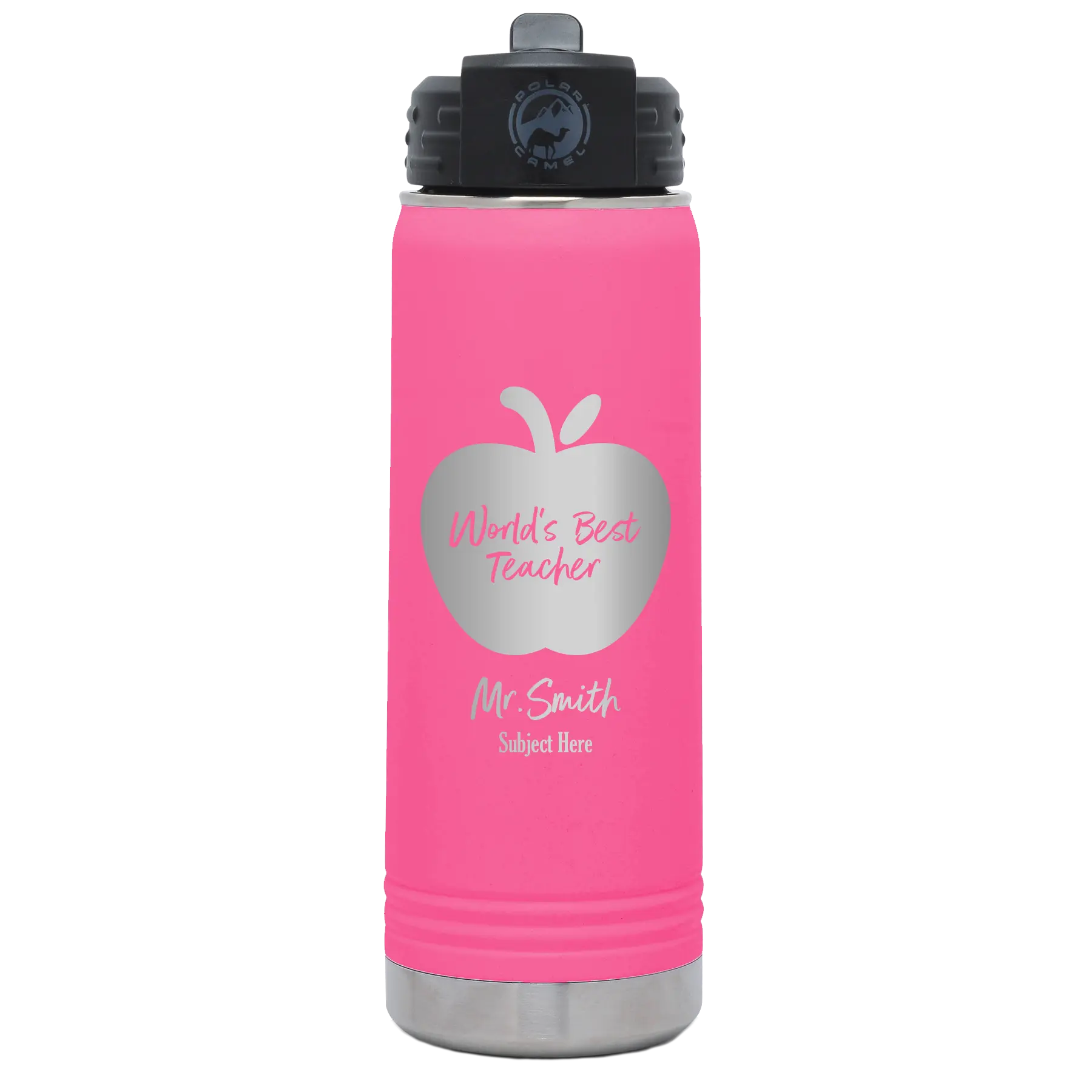 Personalized pink 20 oz vacuum insulated water bottle with 'Worlds Best Teacher' design