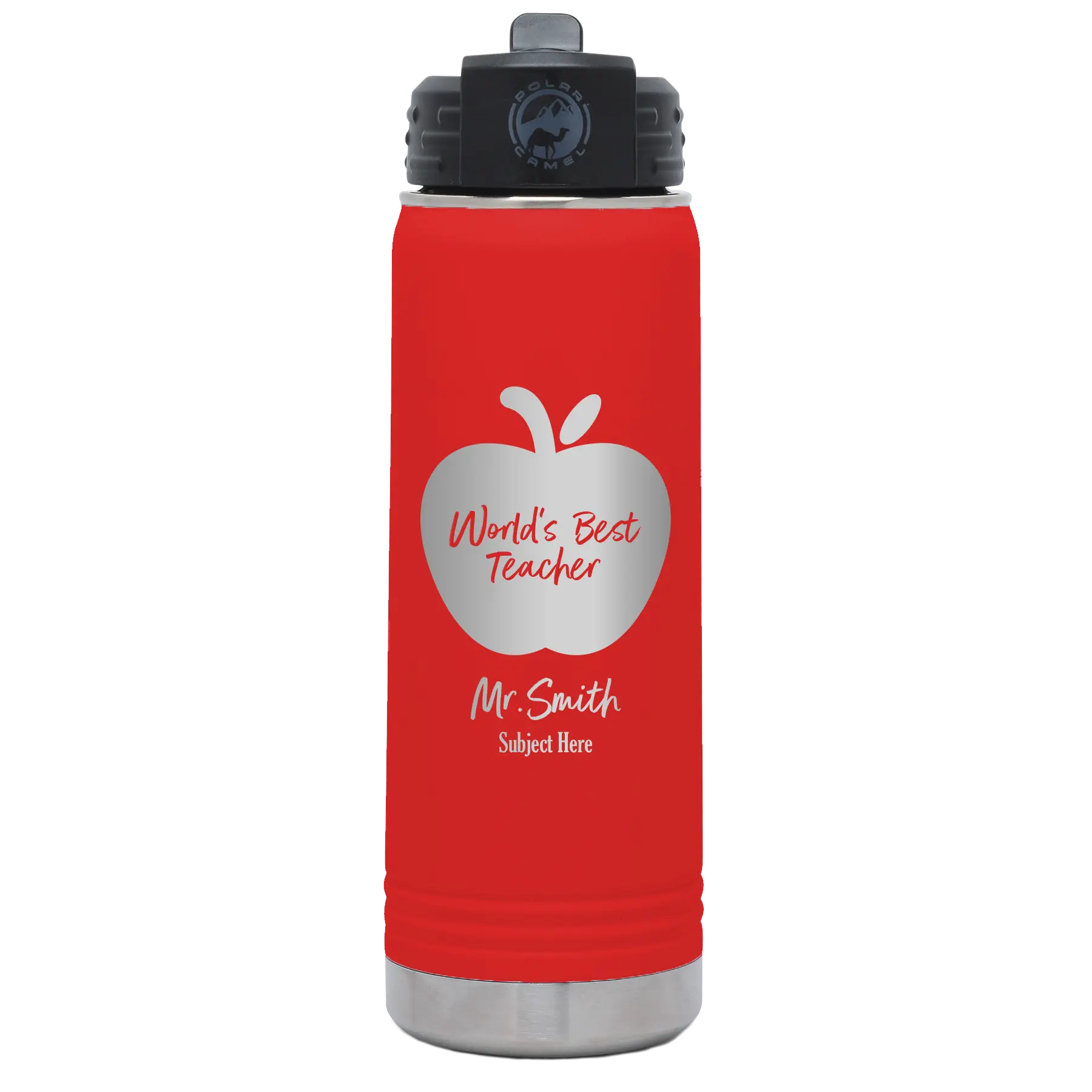 Personalized red 20 oz vacuum insulated water bottle with 'Worlds Best Teacher' design