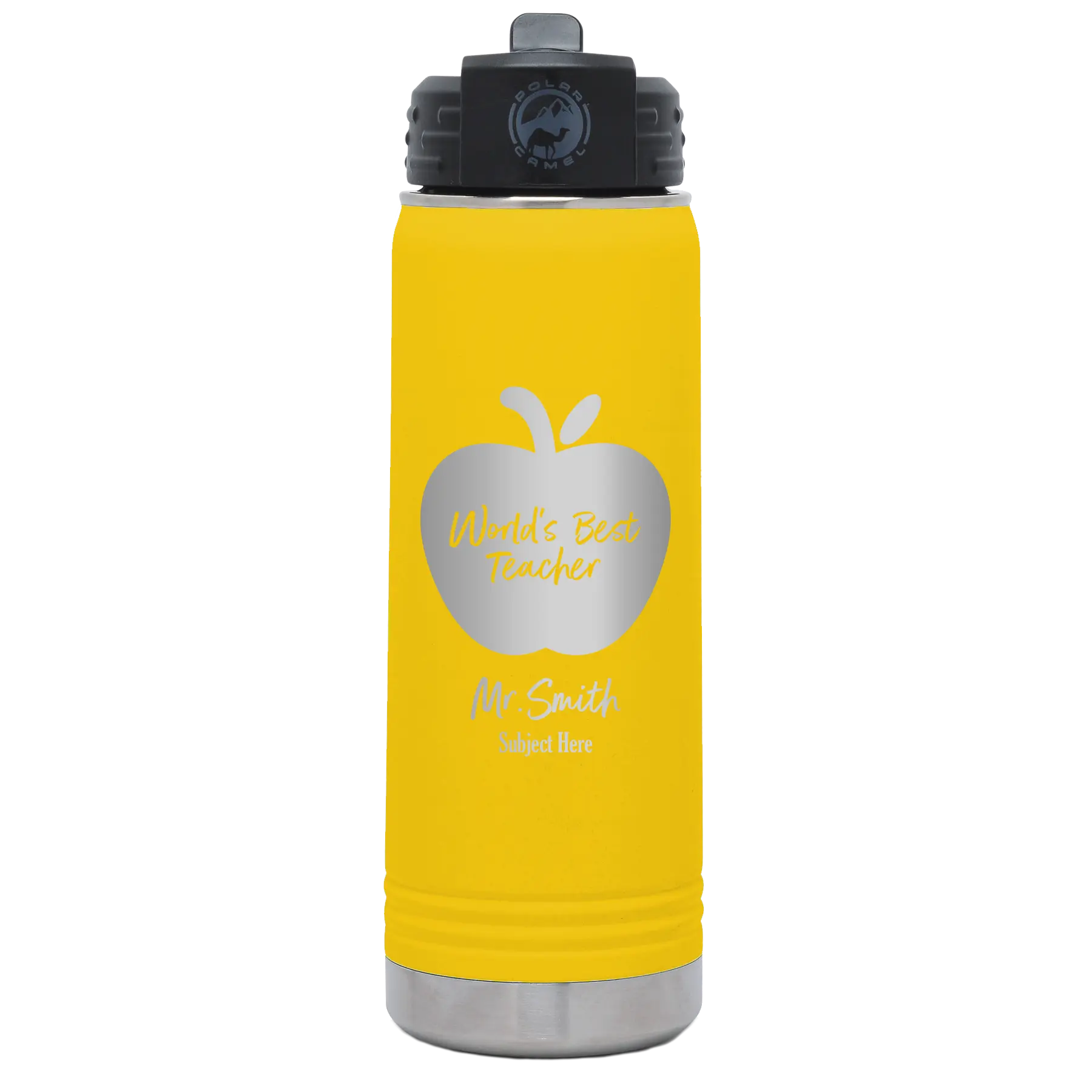 Personalized yellow 20 oz vacuum insulated water bottle with 'Worlds Best Teacher' design