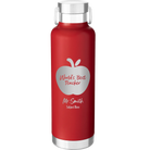 Personalized red 24 oz vacuum insulated water bottle with 'Worlds Best Teacher' design
