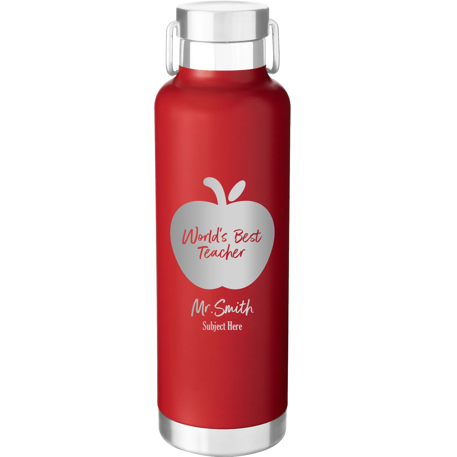 Personalized red 24 oz vacuum insulated water bottle with 'Worlds Best Teacher' design