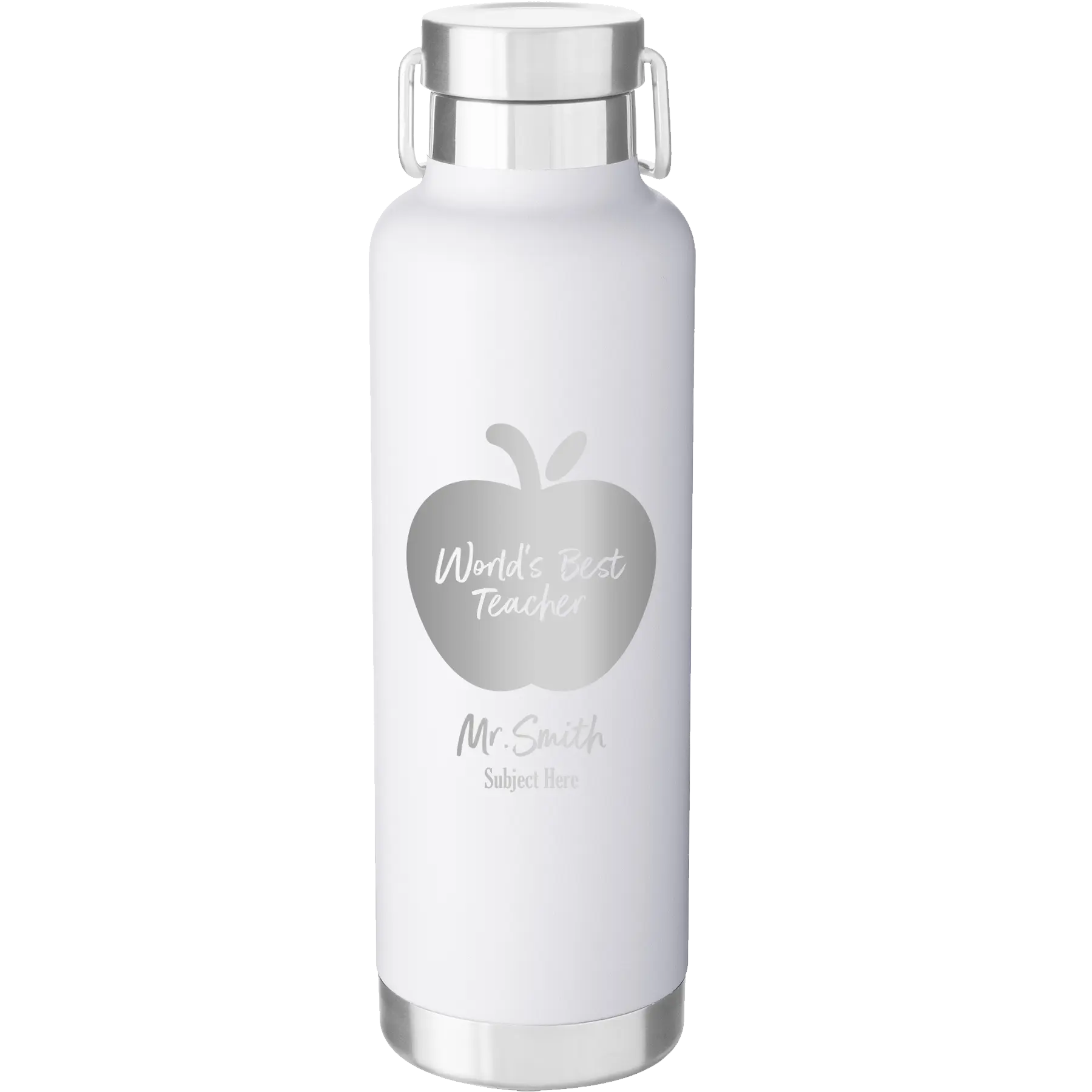 Personalized white 24 oz vacuum insulated water bottle with 'Worlds Best Teacher' design