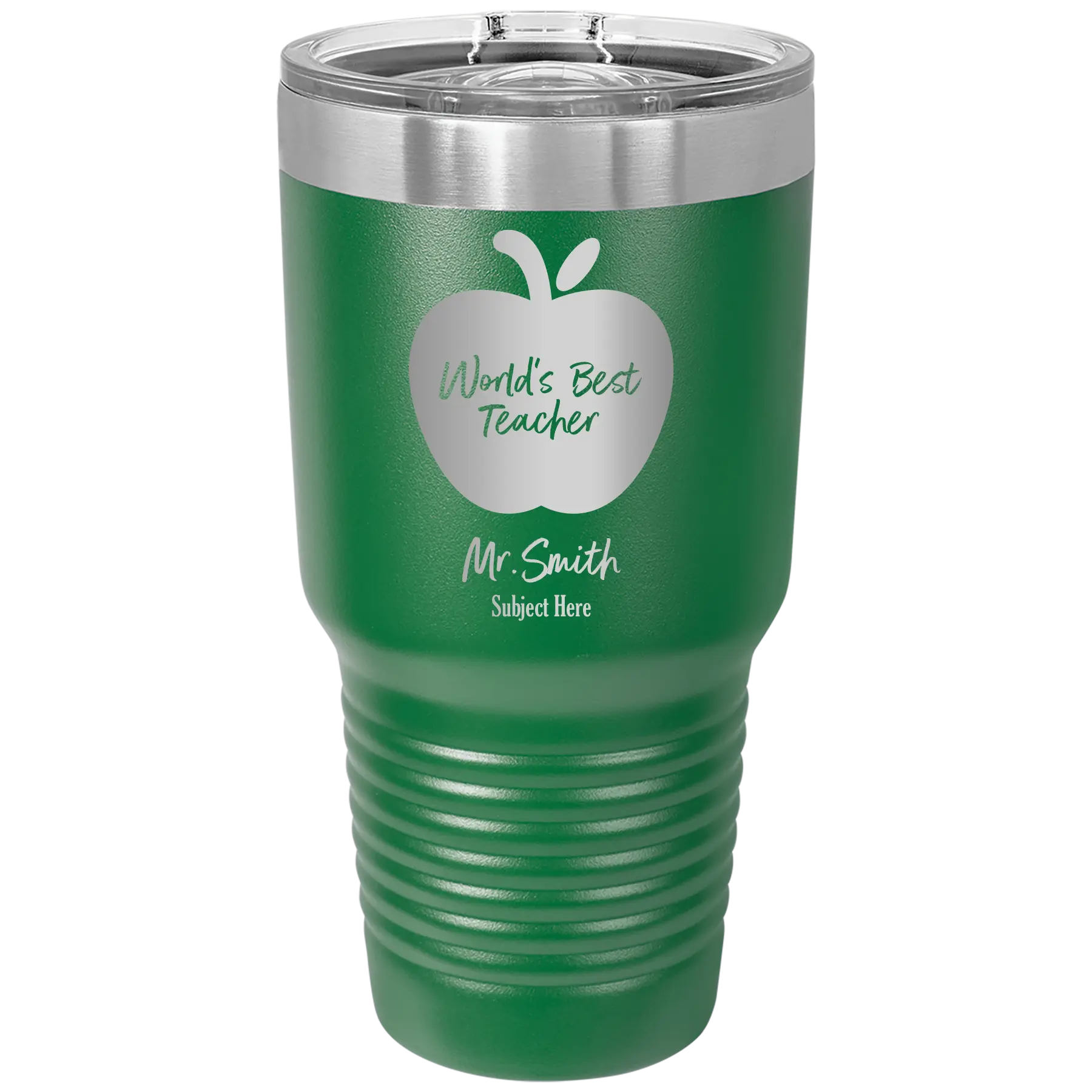 Personalized green 30 oz vacuum insulated tumbler with 'Worlds Best Teacher' design