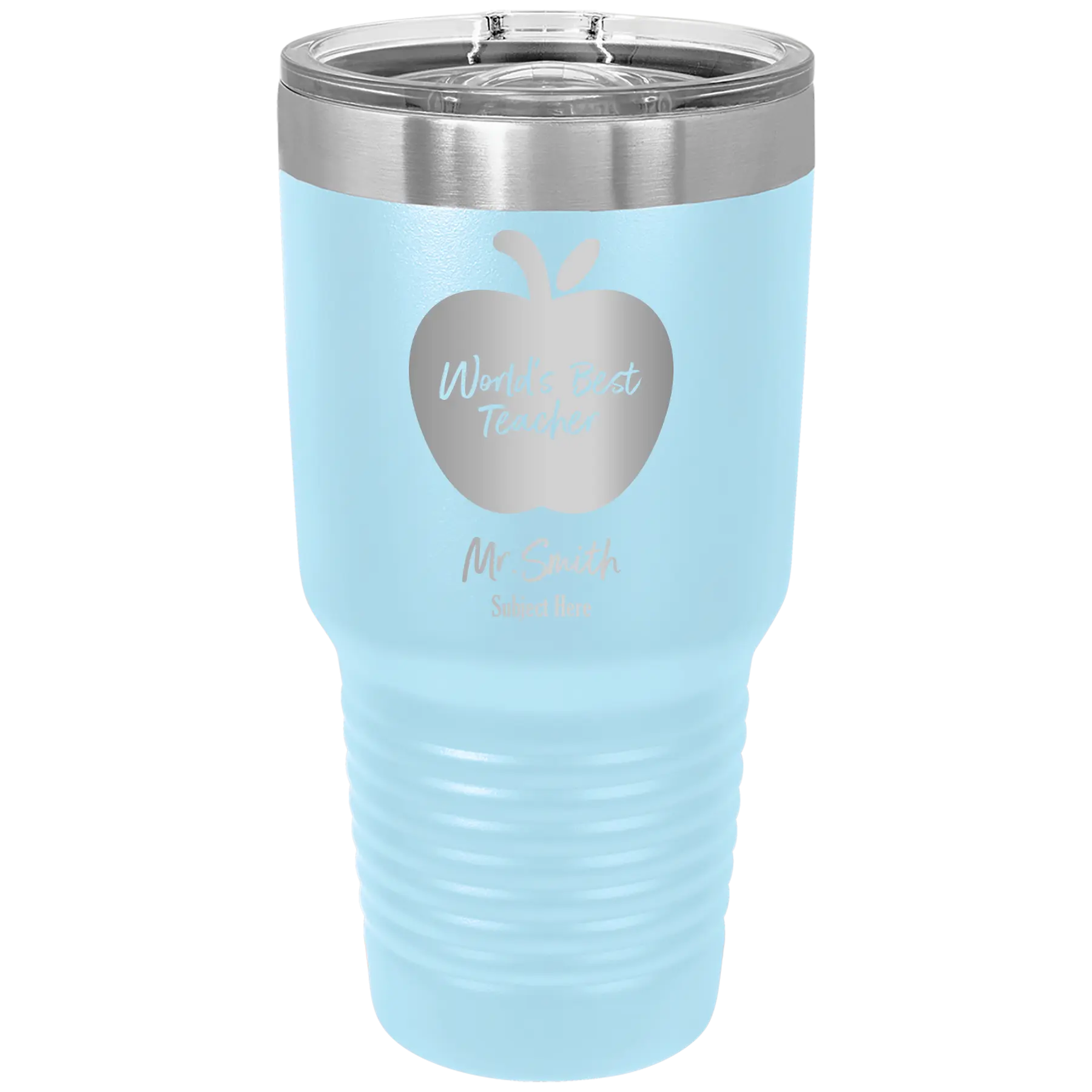 Personalized light blue 30 oz vacuum insulated tumbler with 'Worlds Best Teacher' design