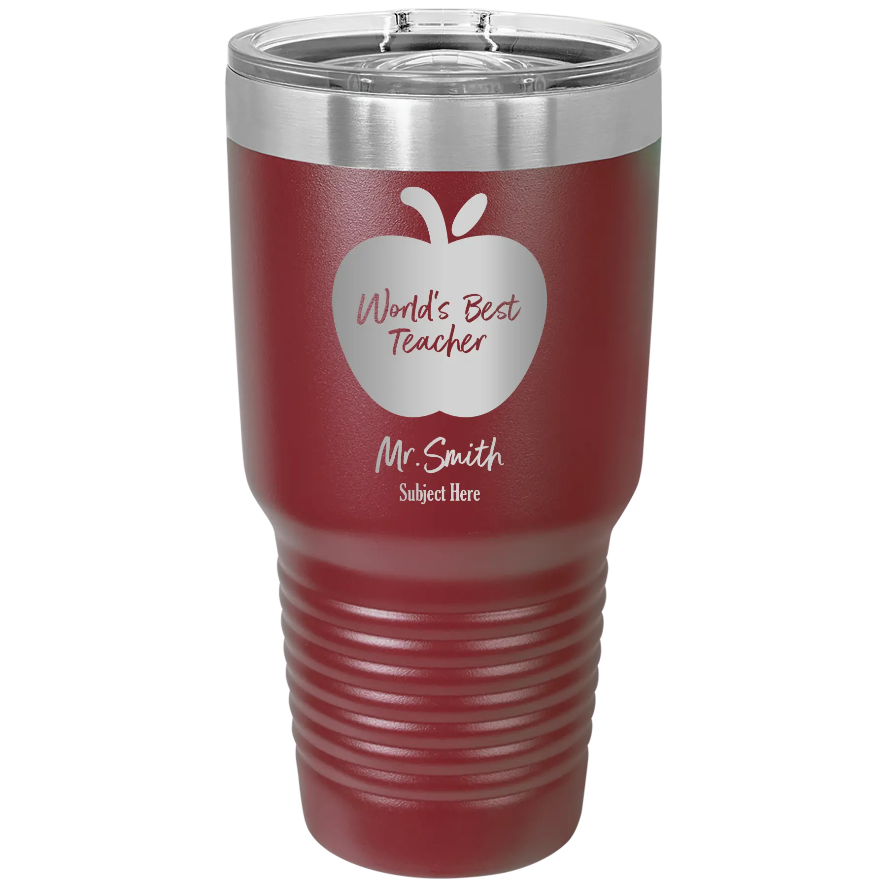 Personalized maroon 30 oz vacuum insulated tumbler with 'Worlds Best Teacher' design