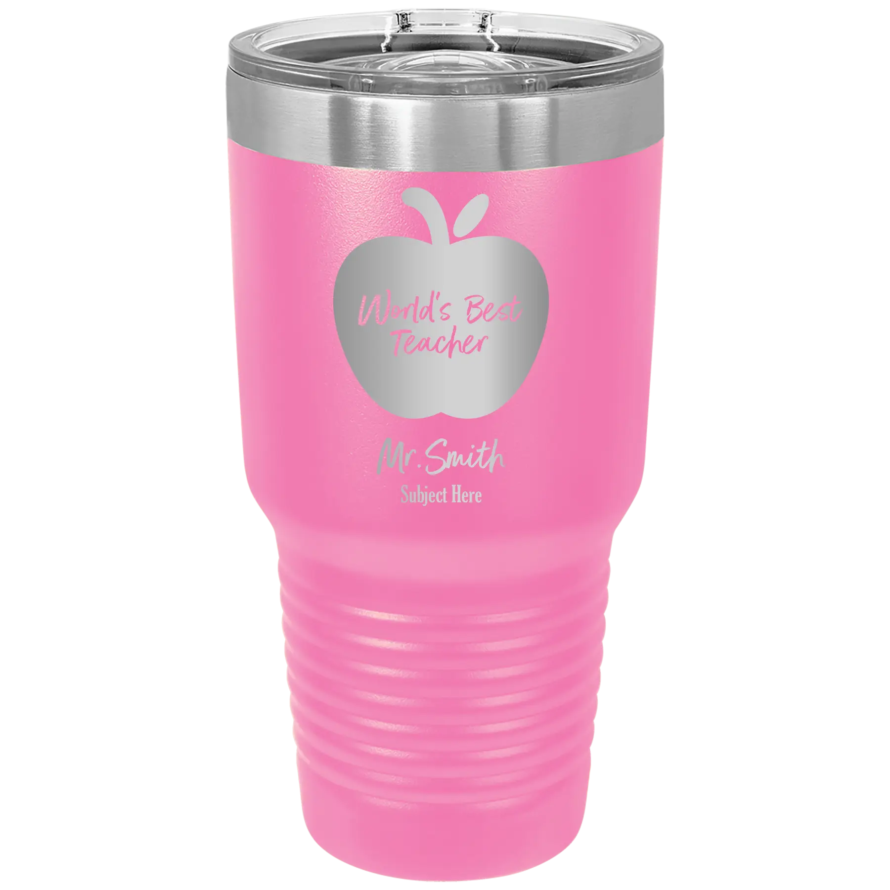 Personalized pink 30 oz vacuum insulated tumbler with 'Worlds Best Teacher' design