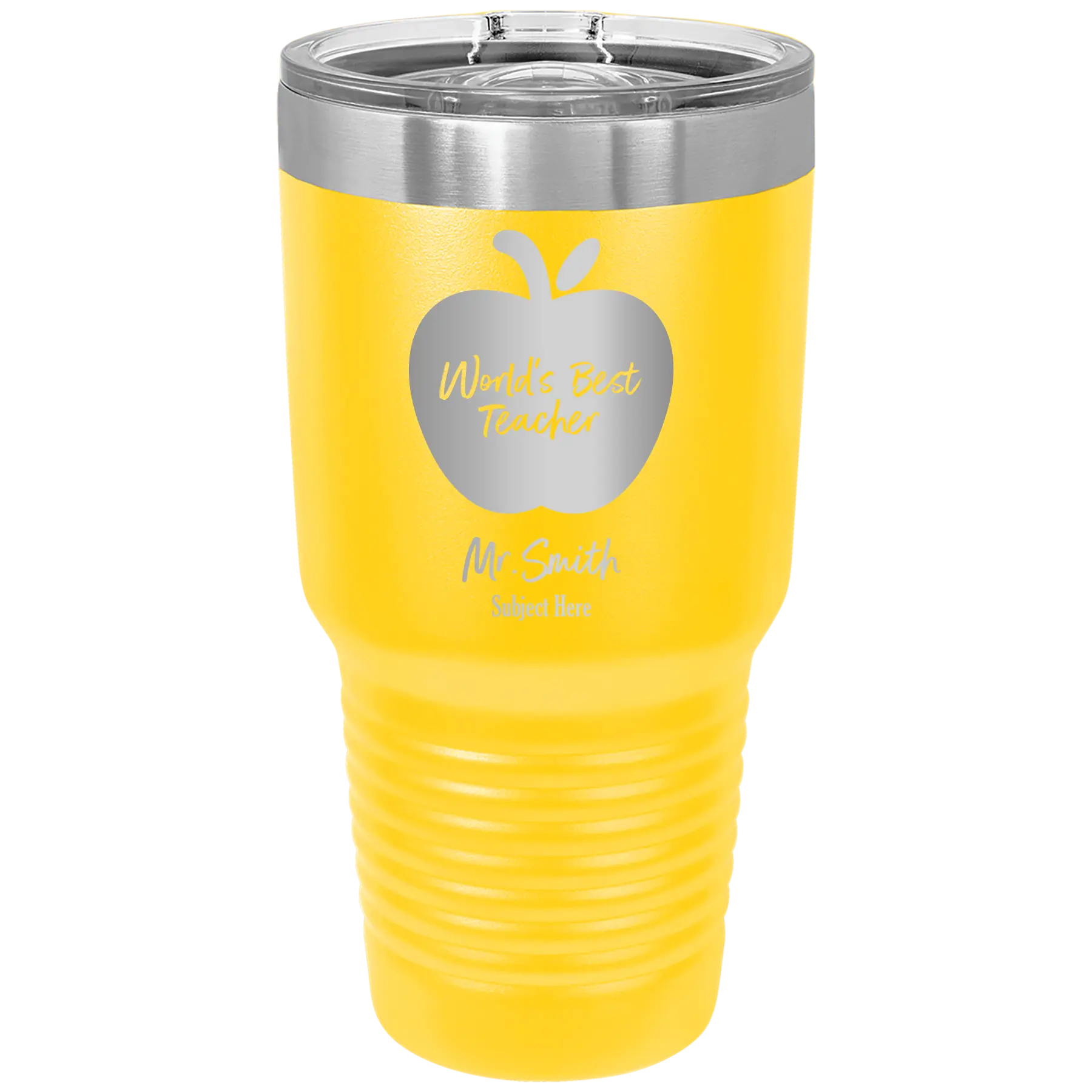 Personalized yellow 30 oz vacuum insulated tumbler with 'Worlds Best Teacher' design
