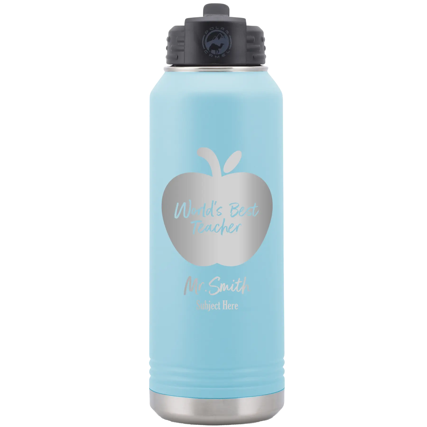 Personalized light blue 32 oz vacuum insulated water bottle with 'Worlds Best Teacher' design