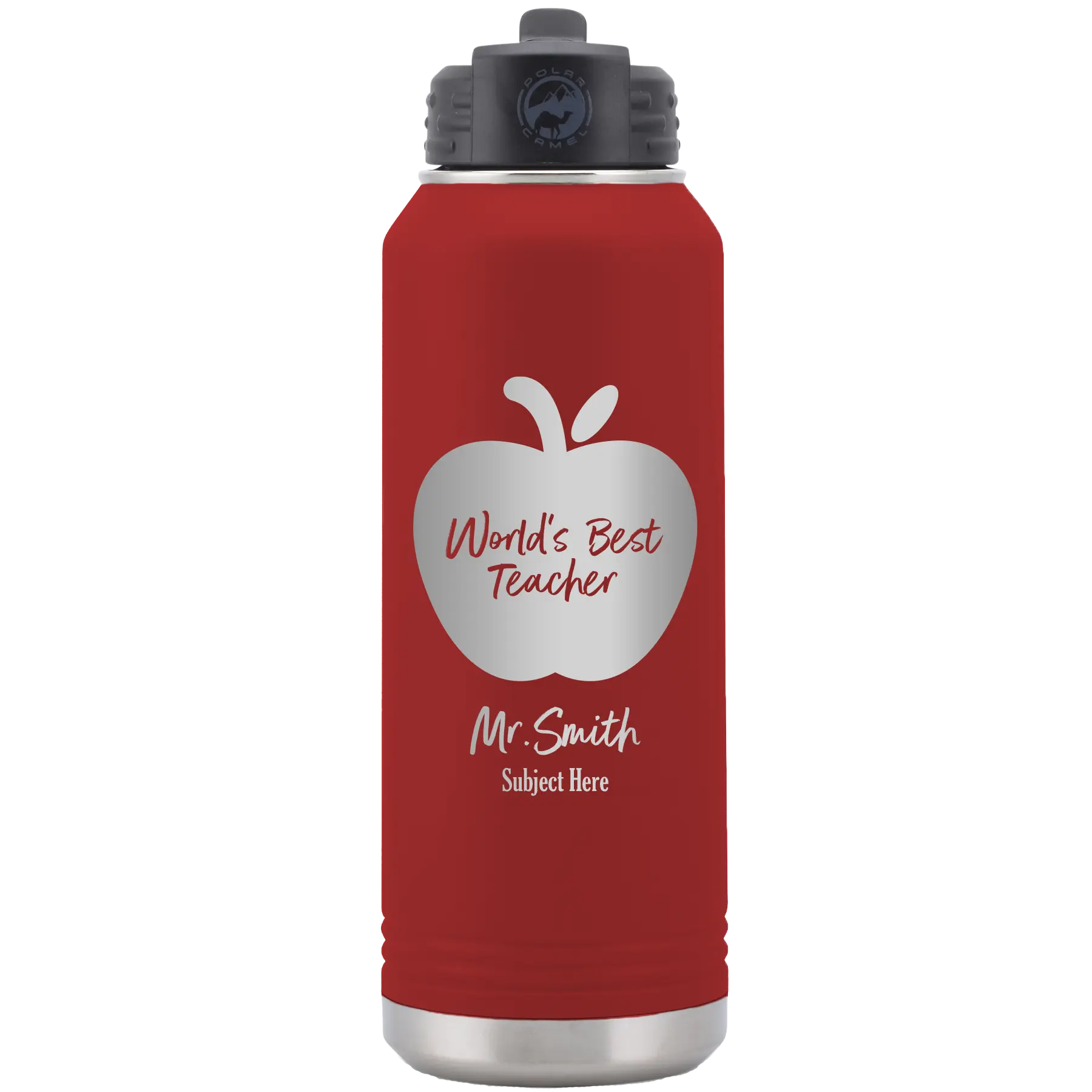 Personalized maroon 32 oz vacuum insulated water bottle with 'Worlds Best Teacher' design