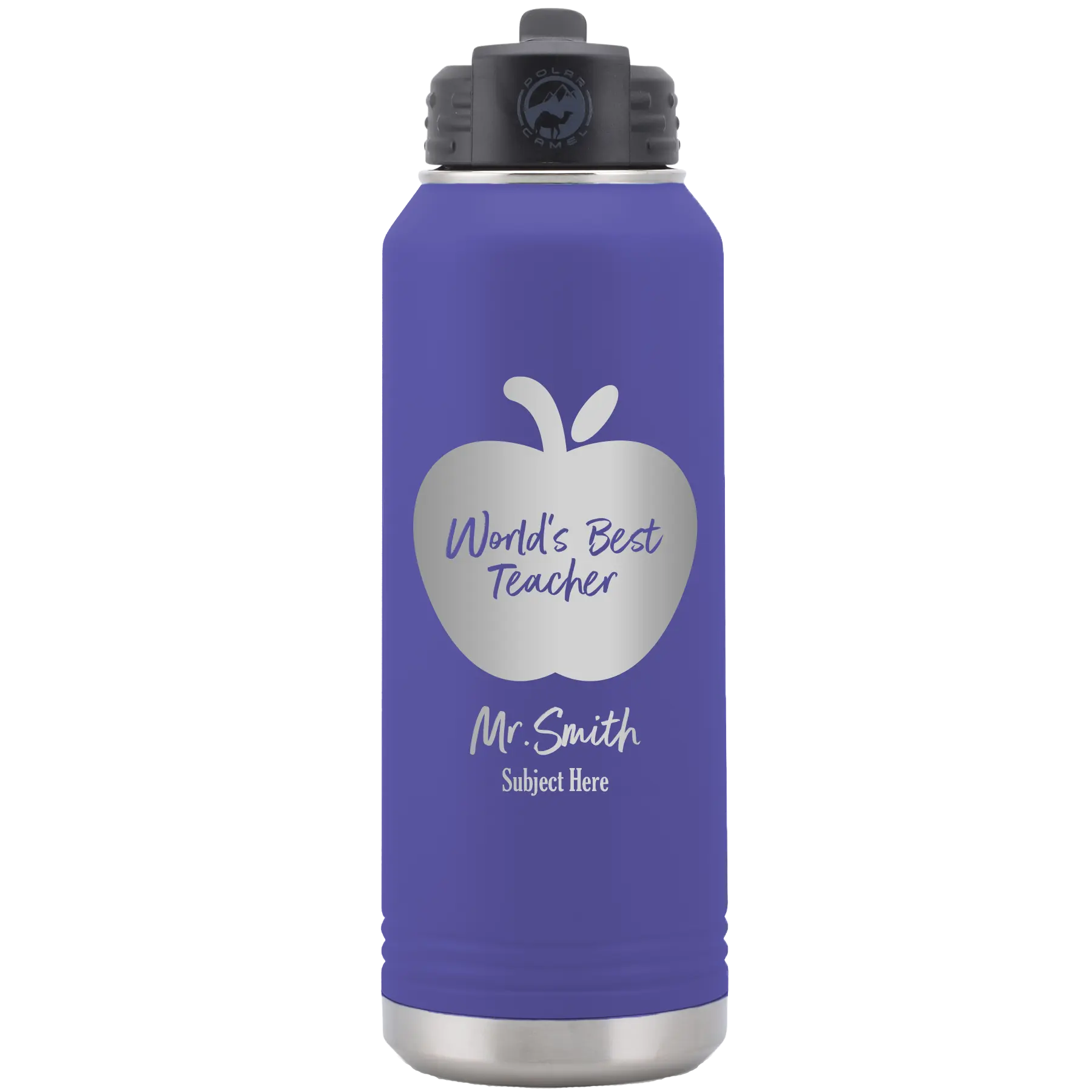 Personalized purple 32 oz vacuum insulated water bottle with 'Worlds Best Teacher' design