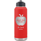 Personalized red 32 oz vacuum insulated water bottle with 'Worlds Best Teacher' design