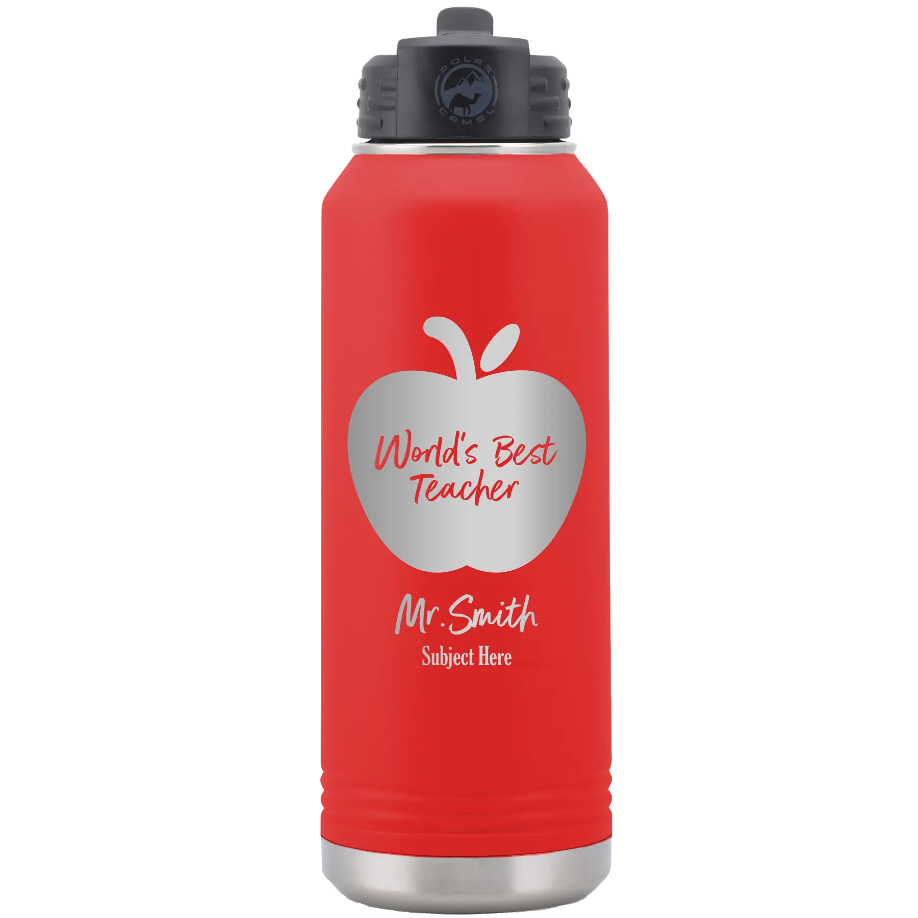 Personalized red 32 oz vacuum insulated water bottle with 'Worlds Best Teacher' design
