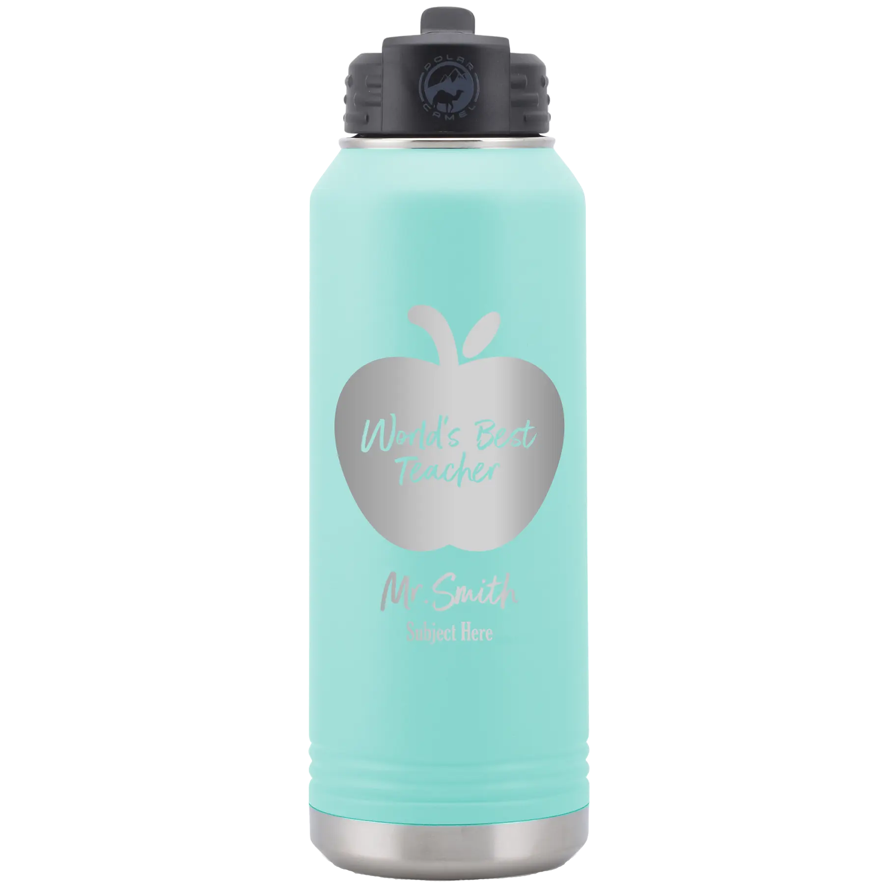 Personalized teal 32 oz vacuum insulated water bottle with 'Worlds Best Teacher' design