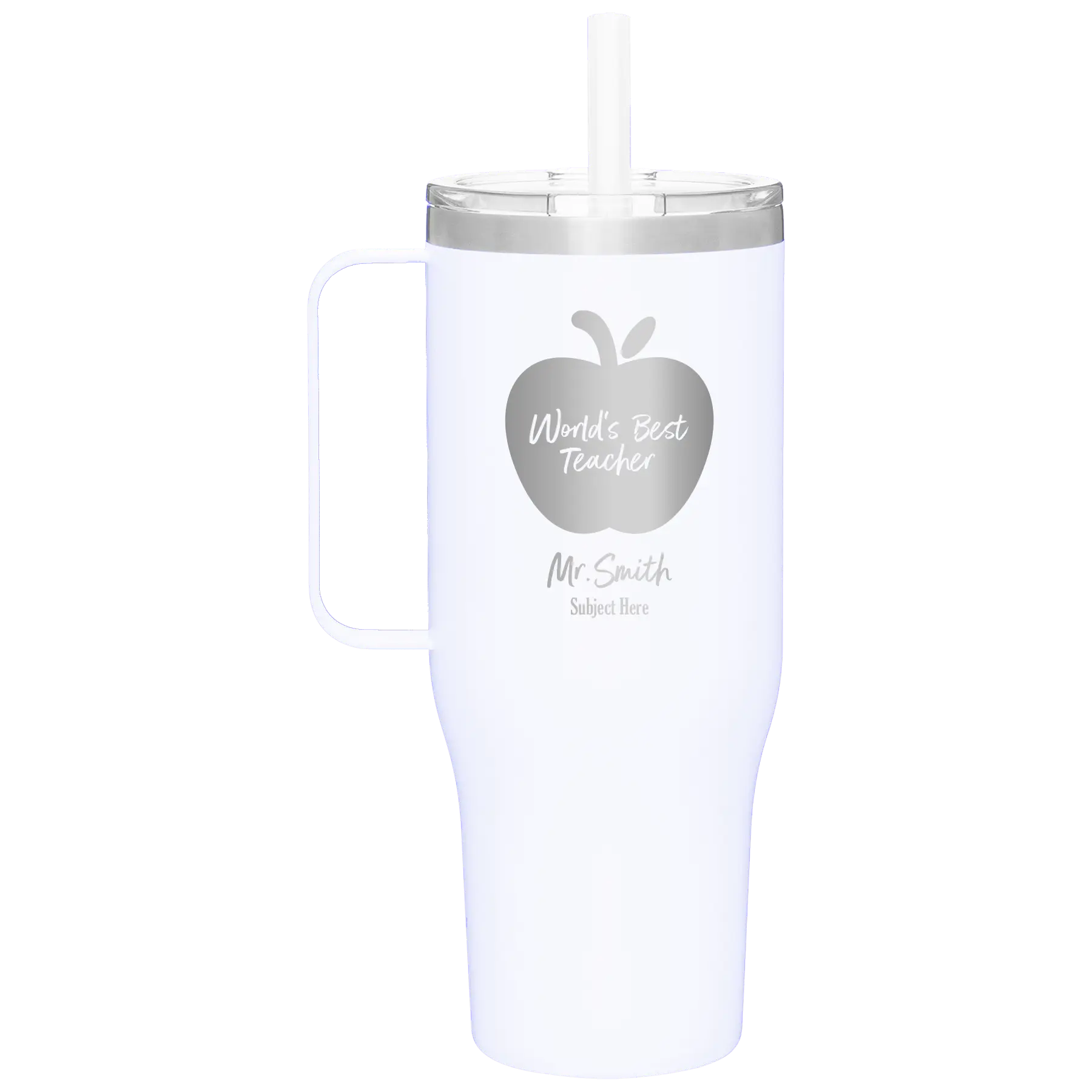 Personalized white 40 oz vacuum insulated tumbler mug with 'Worlds Best Teacher' design