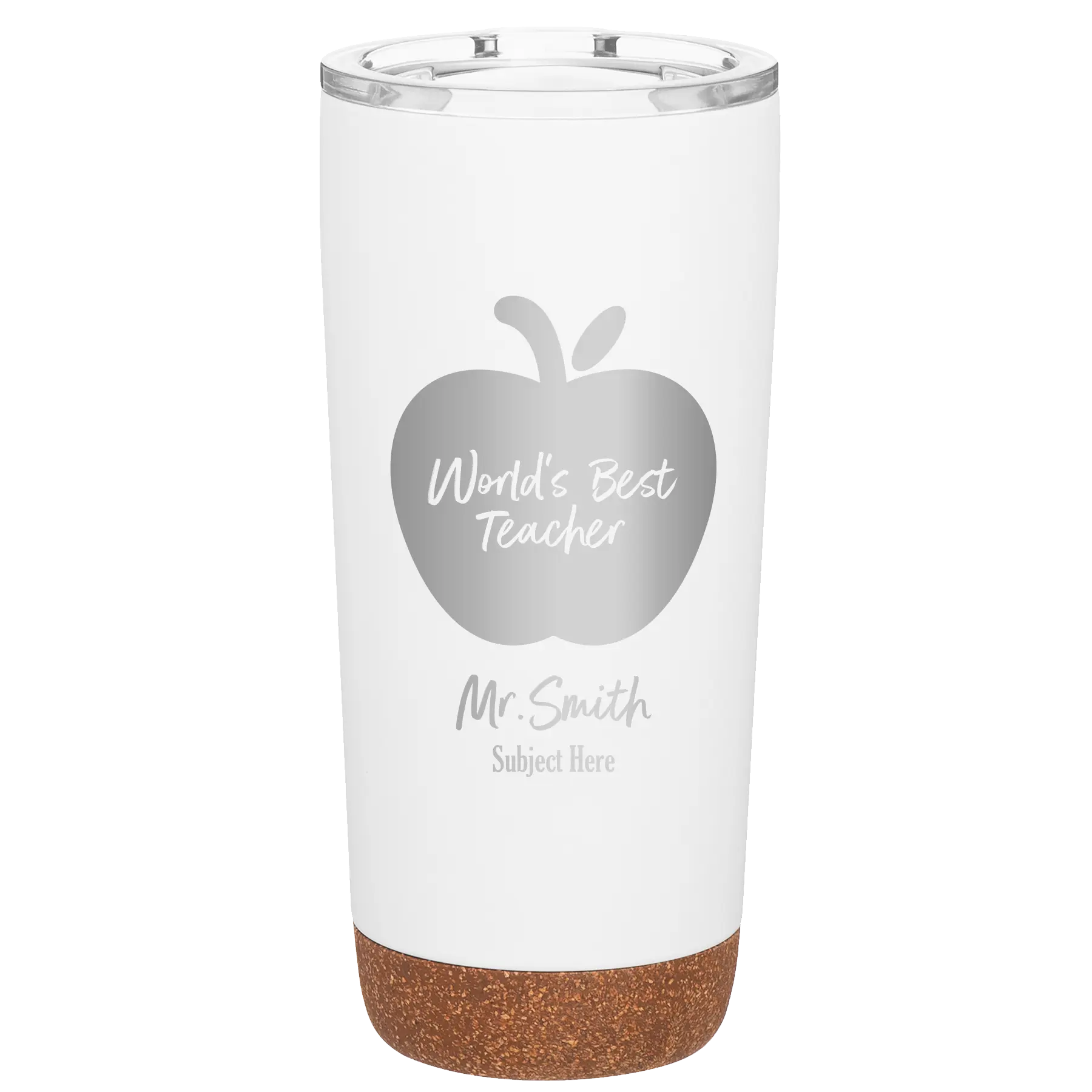 Personalized white 20 oz vacuum insulated tumbler with 'Worlds Best Teacher' design