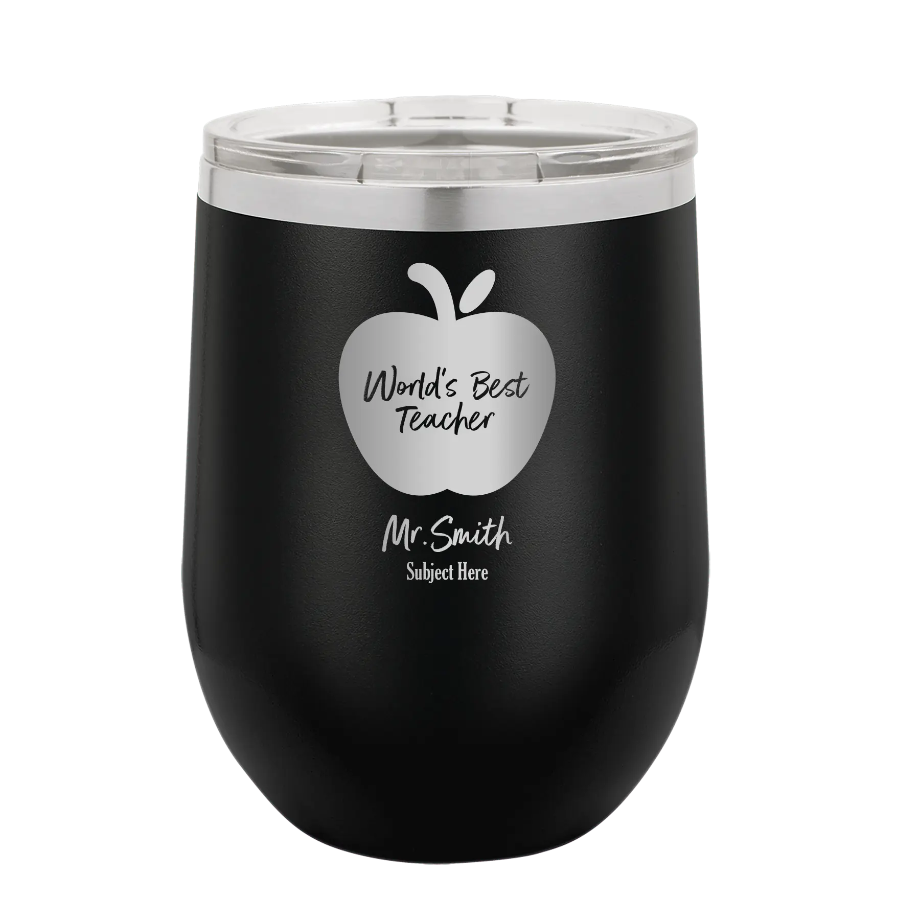 Personalized black 12 oz vacuum insulated wine cup with 'Worlds Best Teacher' design