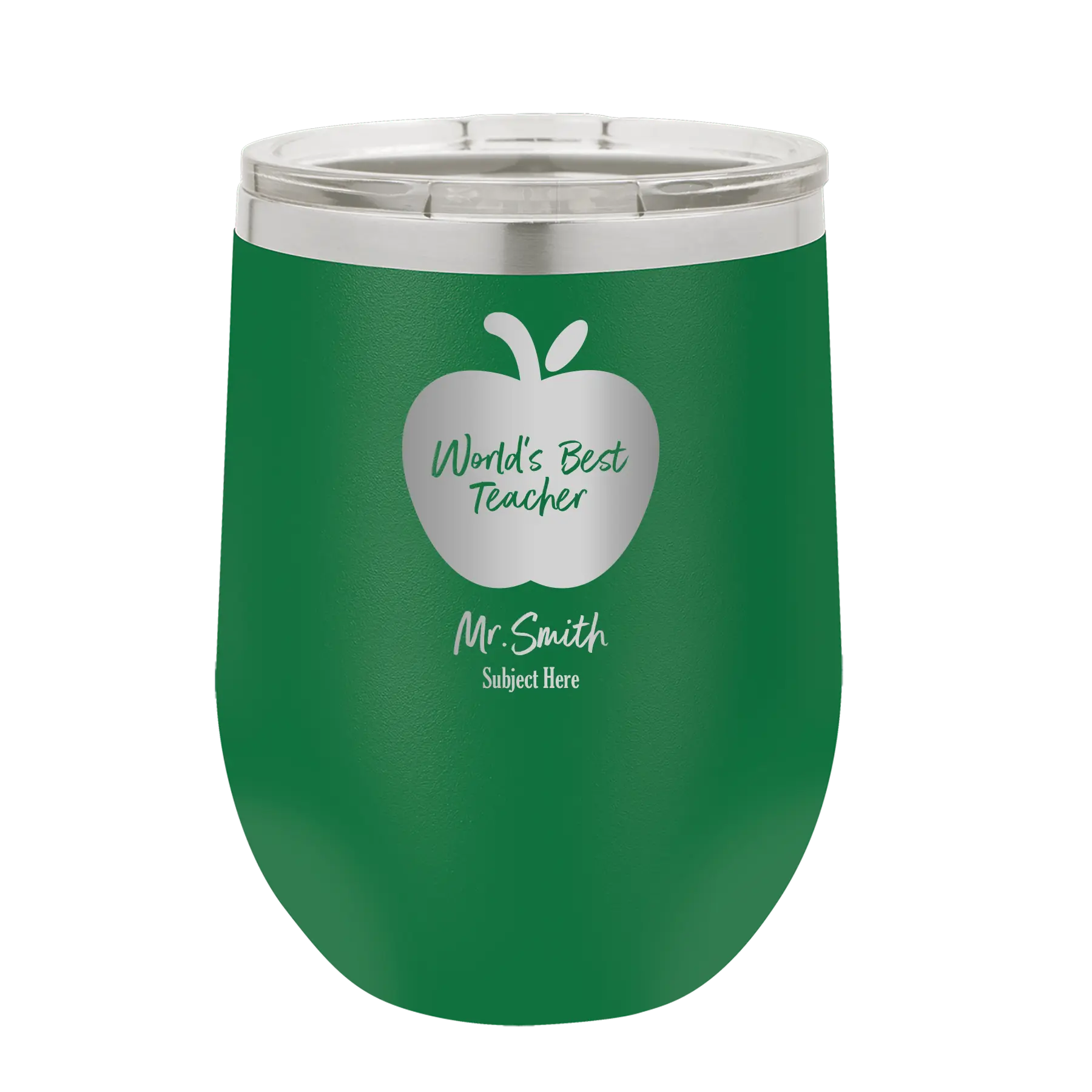 Personalized green 12 oz vacuum insulated wine cup with 'Worlds Best Teacher' design