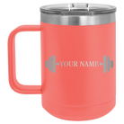 Personalized coral 15 oz vacuum insulated coffee mug with 'WEIGHTS NAME' design
