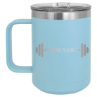Personalized light blue 15 oz vacuum insulated coffee mug with 'WEIGHTS NAME' design