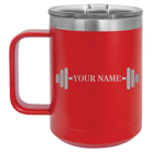 Personalized red 15 oz vacuum insulated coffee mug with 'WEIGHTS NAME' design
