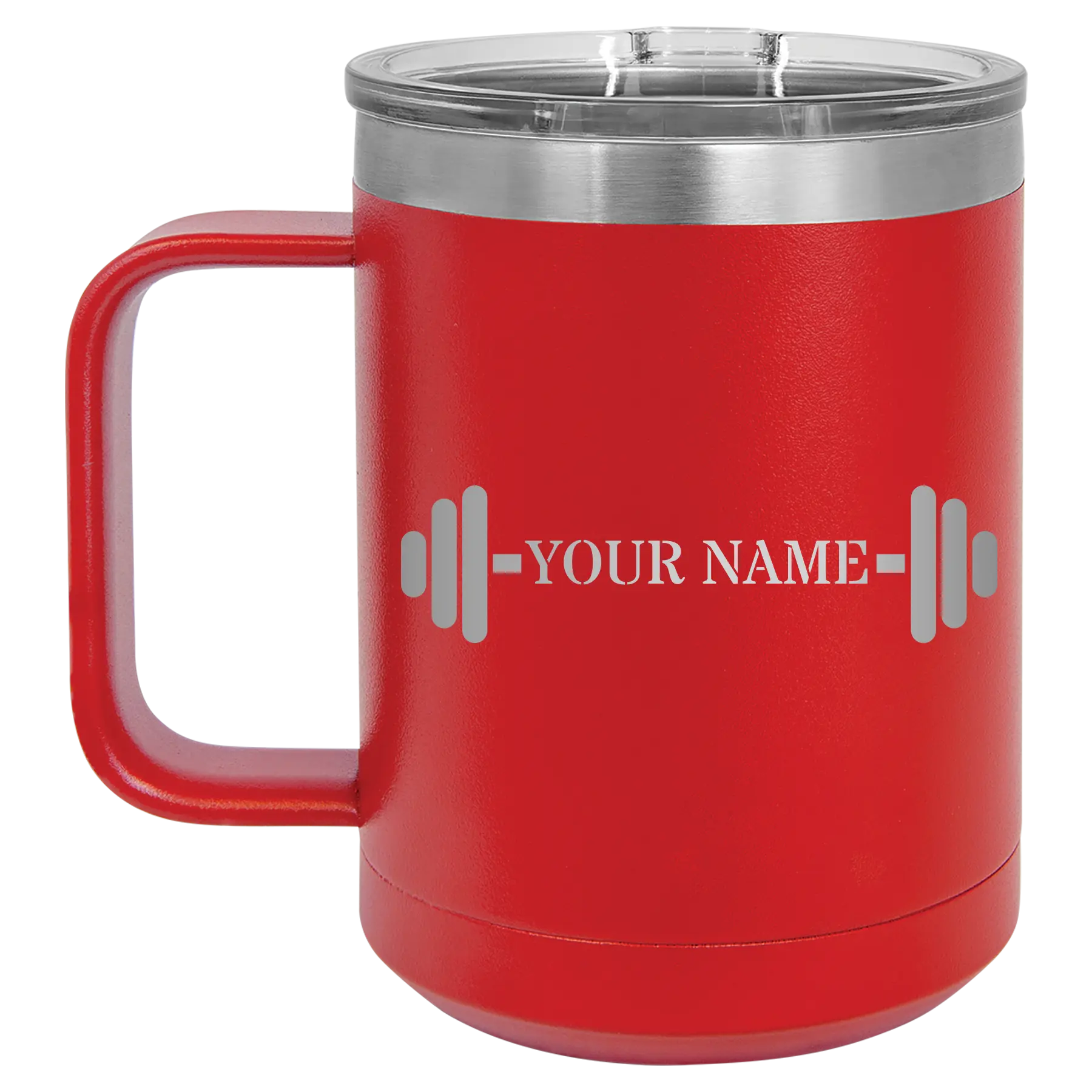 Personalized red 15 oz vacuum insulated coffee mug with 'WEIGHTS NAME' design