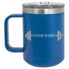 Personalized royal blue 15 oz vacuum insulated coffee mug with 'WEIGHTS NAME' design