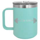 Personalized teal 15 oz vacuum insulated coffee mug with 'WEIGHTS NAME' design