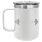 Personalized white 15 oz vacuum insulated coffee mug with 'WEIGHTS NAME' design