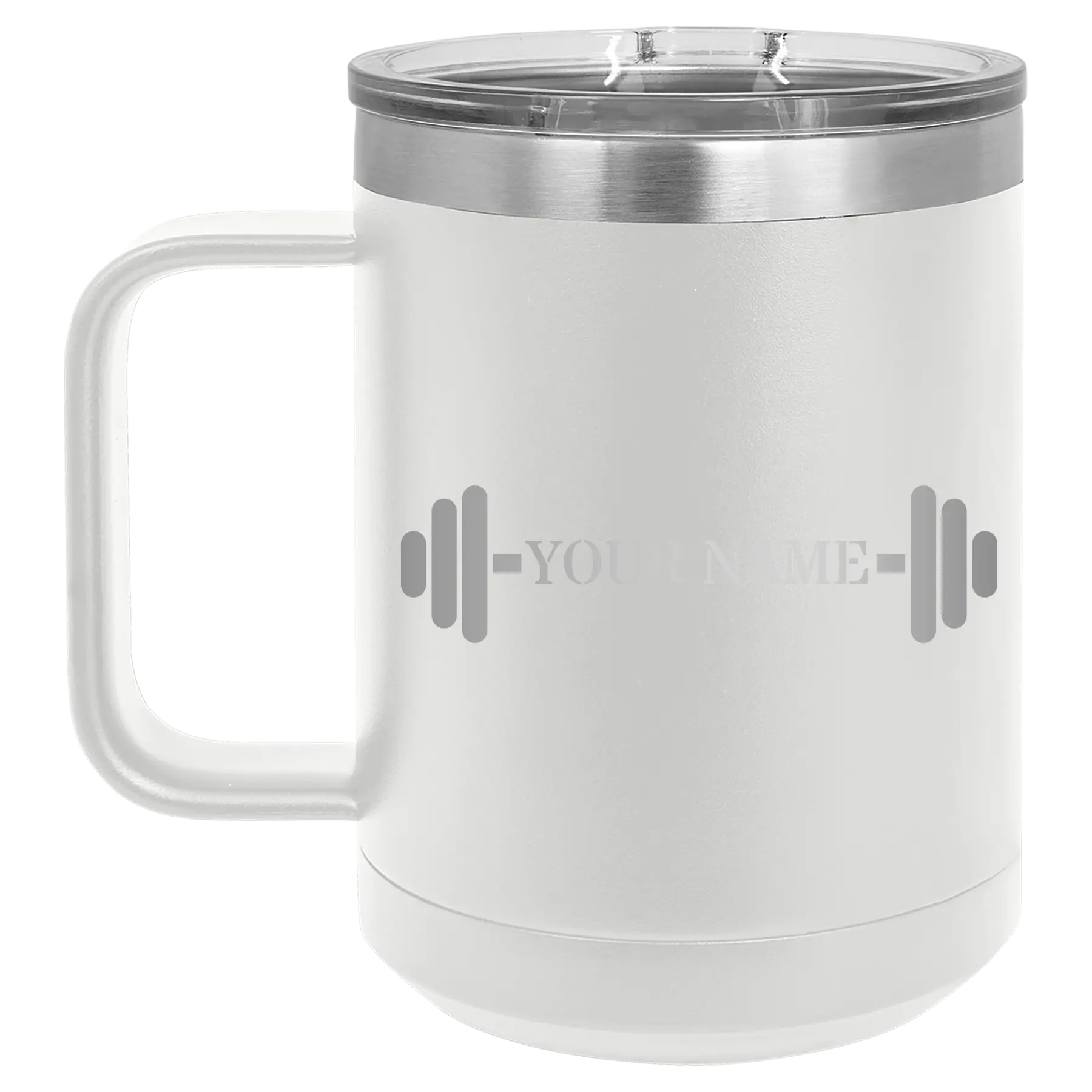 Personalized white 15 oz vacuum insulated coffee mug with 'WEIGHTS NAME' design