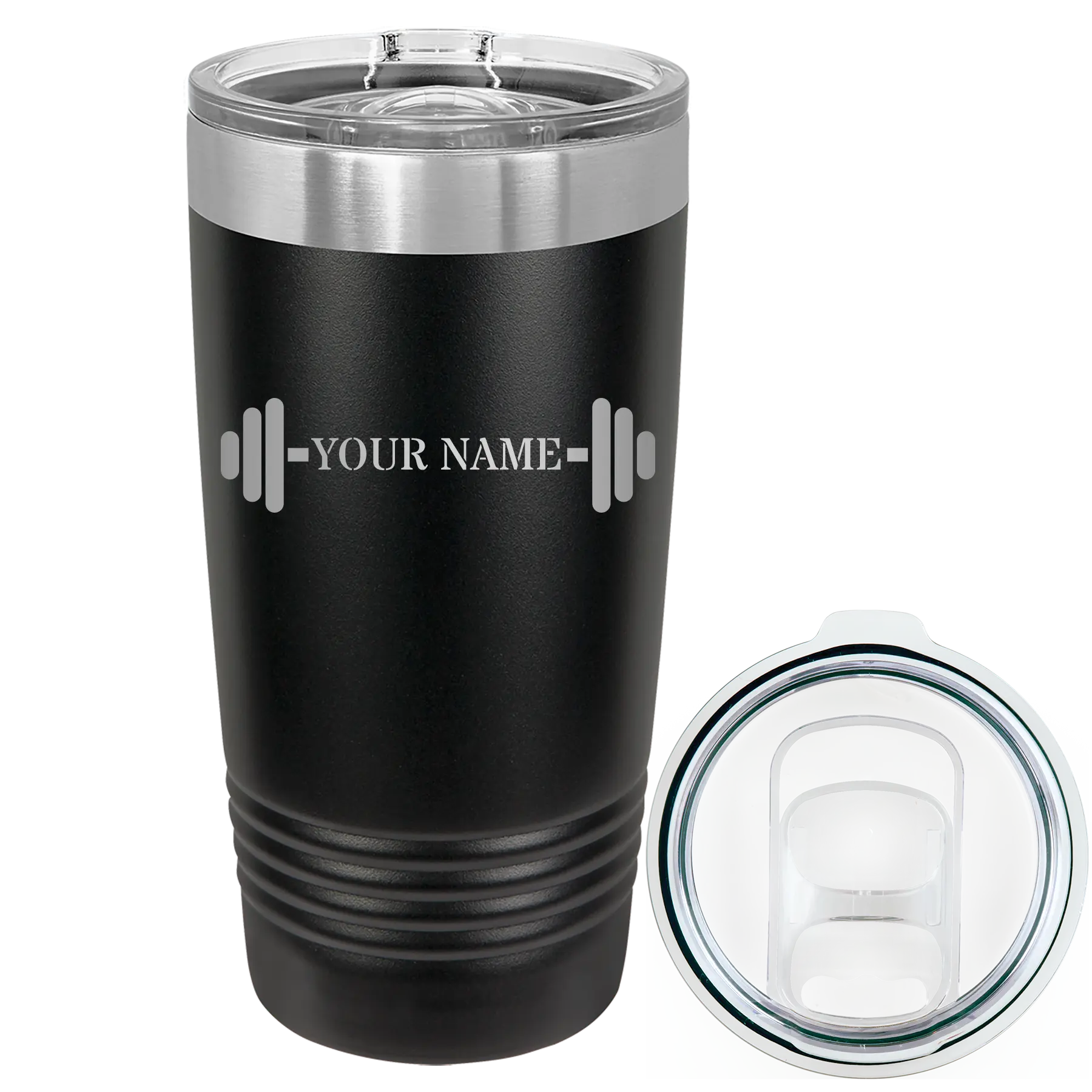 Personalized black 20 oz vacuum insulated tumbler with 'WEIGHTS NAME' design