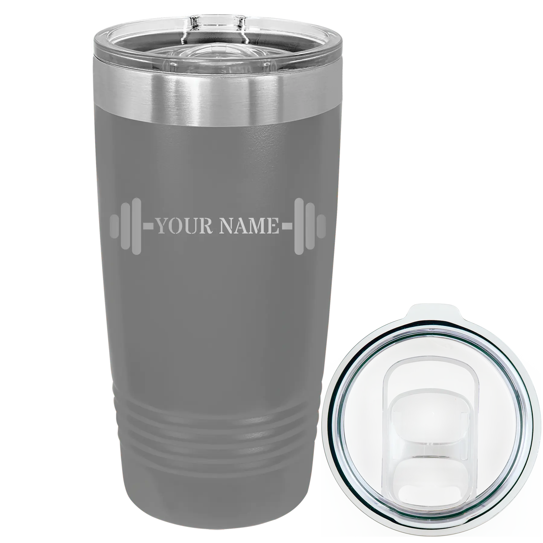 Personalized dark gray 20 oz vacuum insulated tumbler with 'WEIGHTS NAME' design