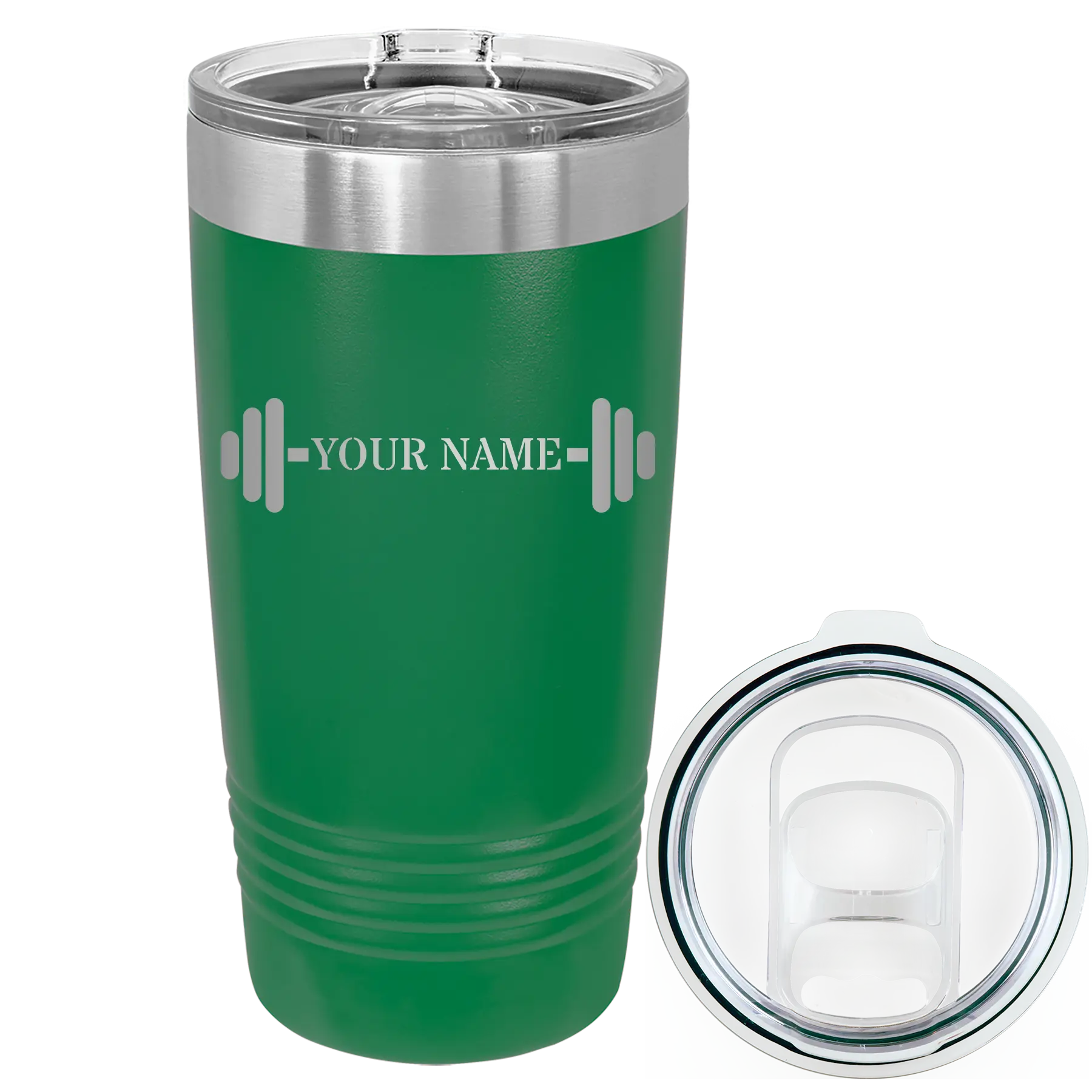 Personalized green 20 oz vacuum insulated tumbler with 'WEIGHTS NAME' design