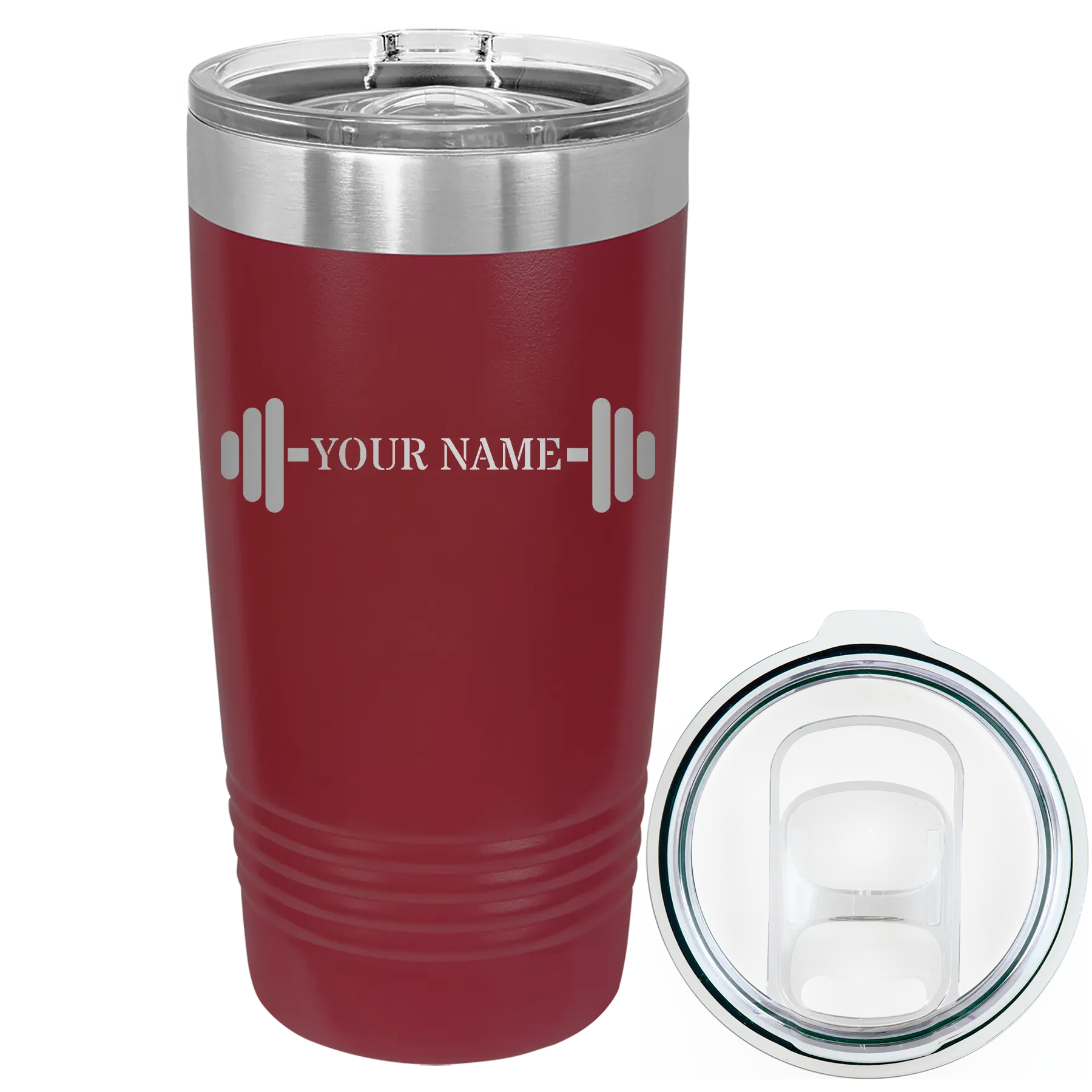 Personalized maroon 20 oz vacuum insulated tumbler with 'WEIGHTS NAME' design