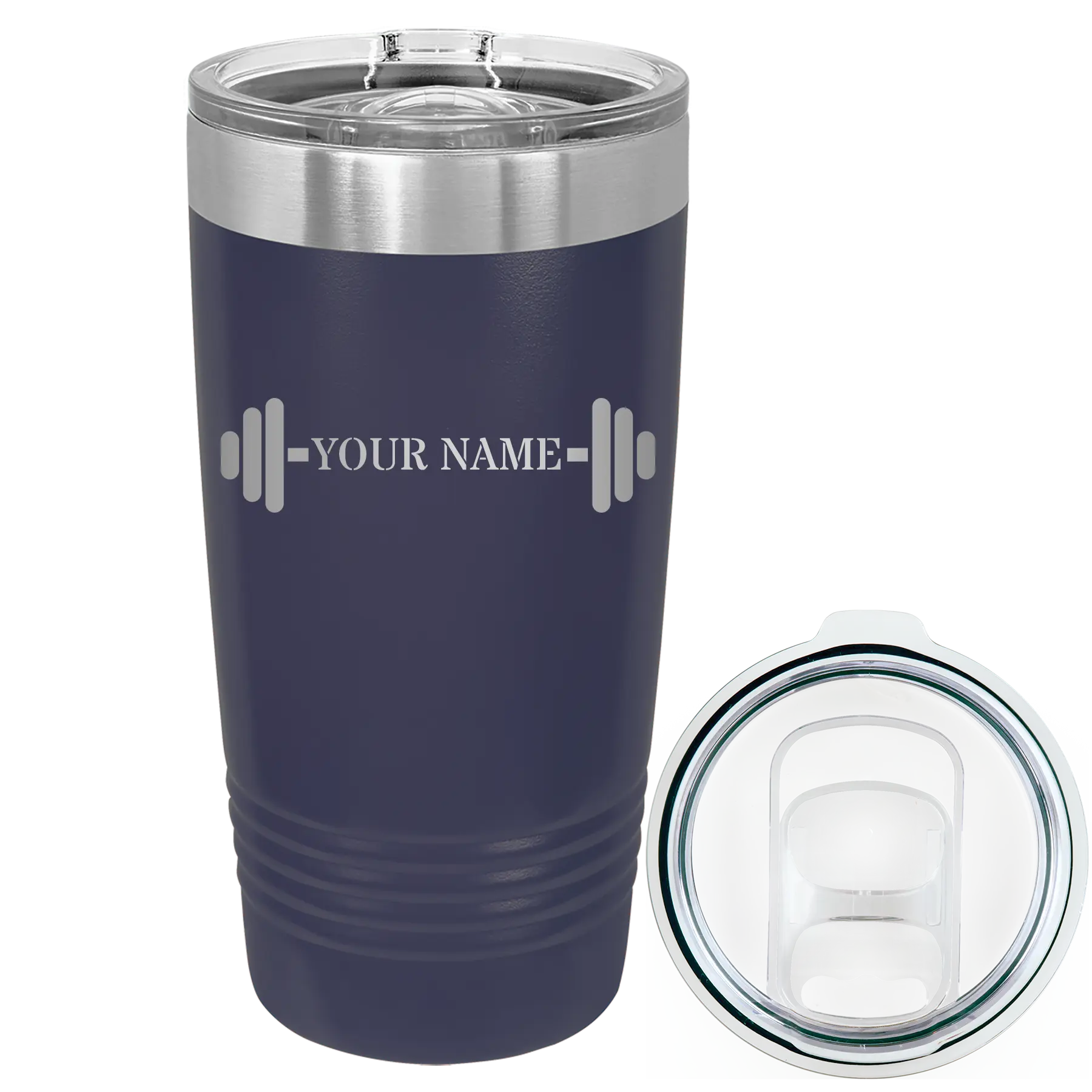 Personalized navy 20 oz vacuum insulated tumbler with 'WEIGHTS NAME' design