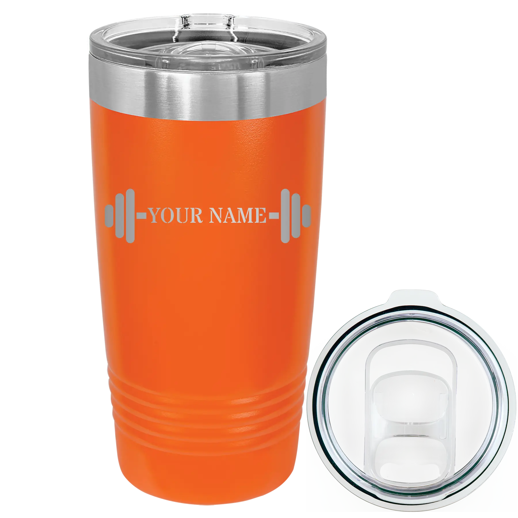 Personalized orange 20 oz vacuum insulated tumbler with 'WEIGHTS NAME' design