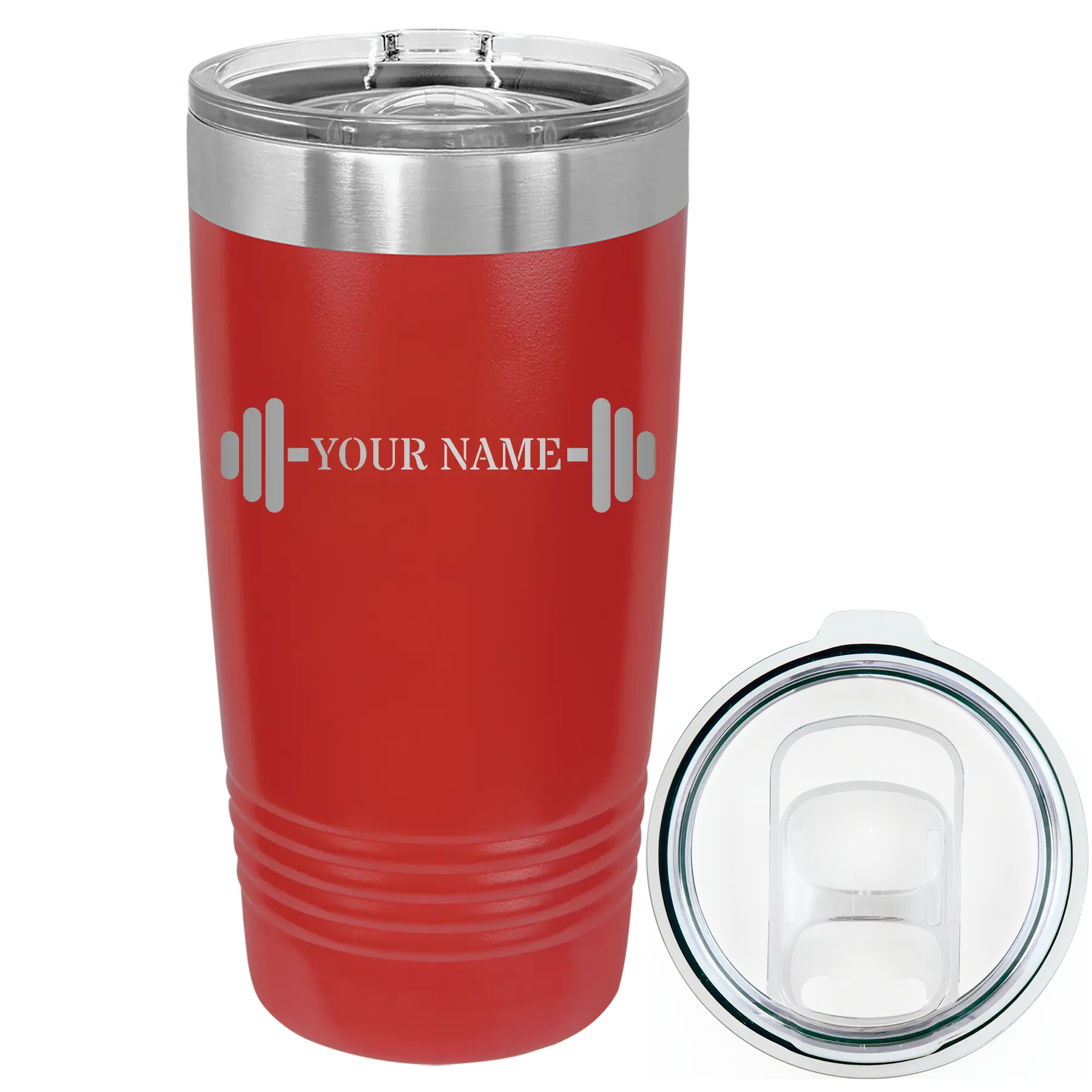 Personalized red 20 oz vacuum insulated tumbler with 'WEIGHTS NAME' design