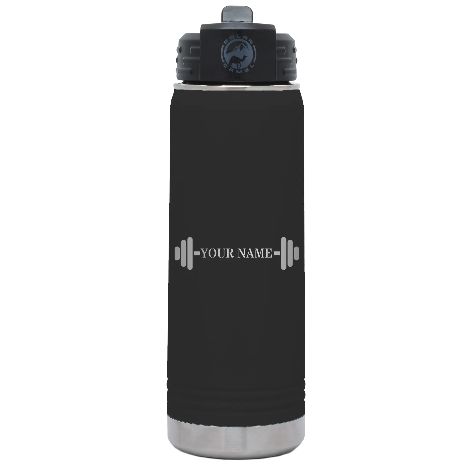 Personalized black 20 oz vacuum insulated water bottle with 'WEIGHTS NAME' design