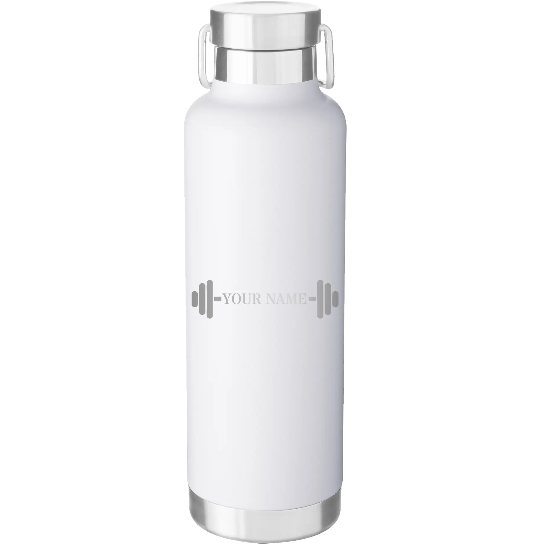 Personalized white 24 oz vacuum insulated water bottle with 'WEIGHTS NAME' design