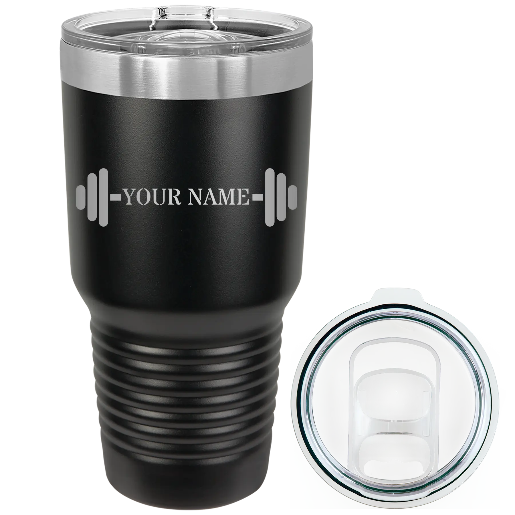 Personalized black 30 oz vacuum insulated tumbler with 'WEIGHTS NAME' design