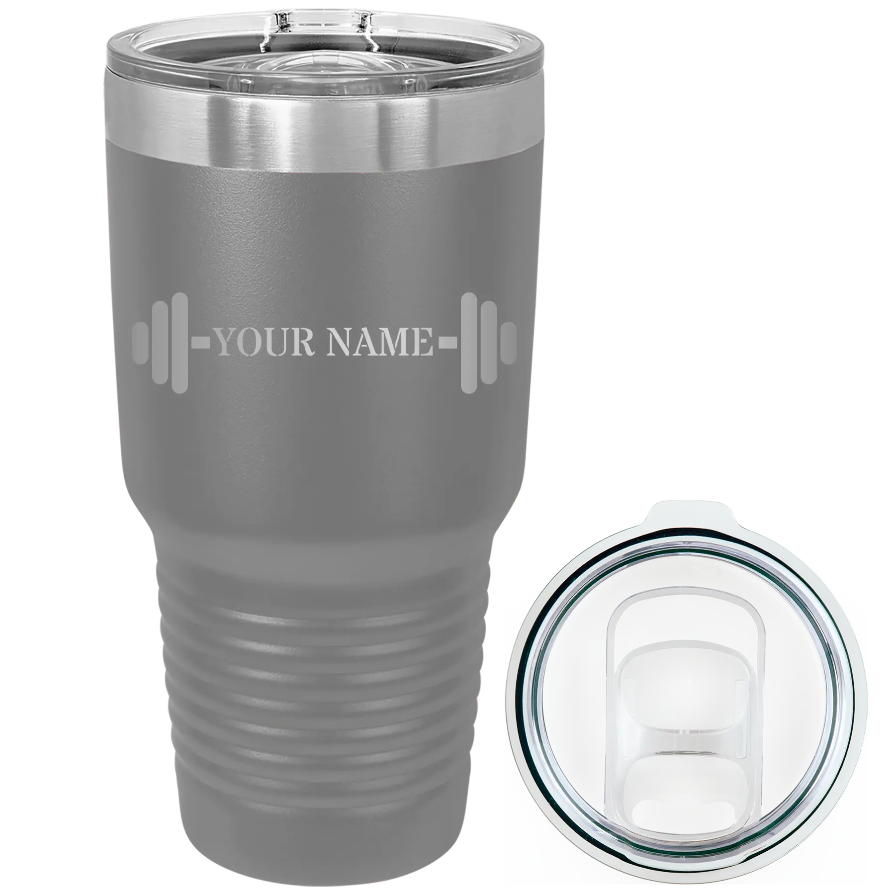 Personalized dark gray 30 oz vacuum insulated tumbler with 'WEIGHTS NAME' design