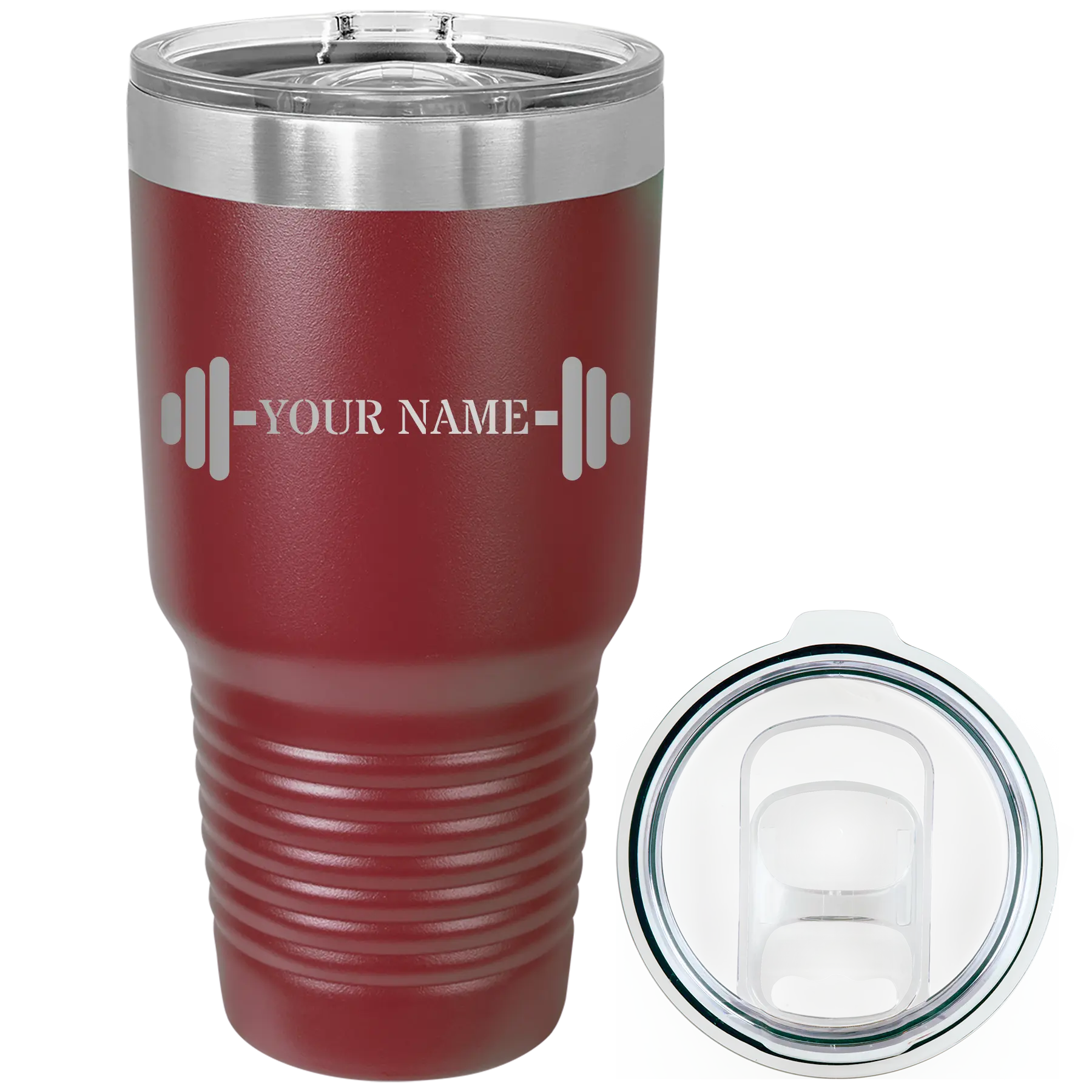 Personalized maroon 30 oz vacuum insulated tumbler with 'WEIGHTS NAME' design