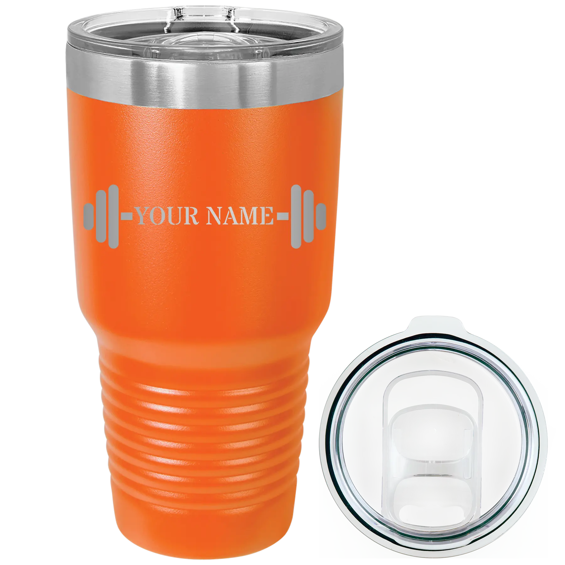 Personalized orange 30 oz vacuum insulated tumbler with 'WEIGHTS NAME' design